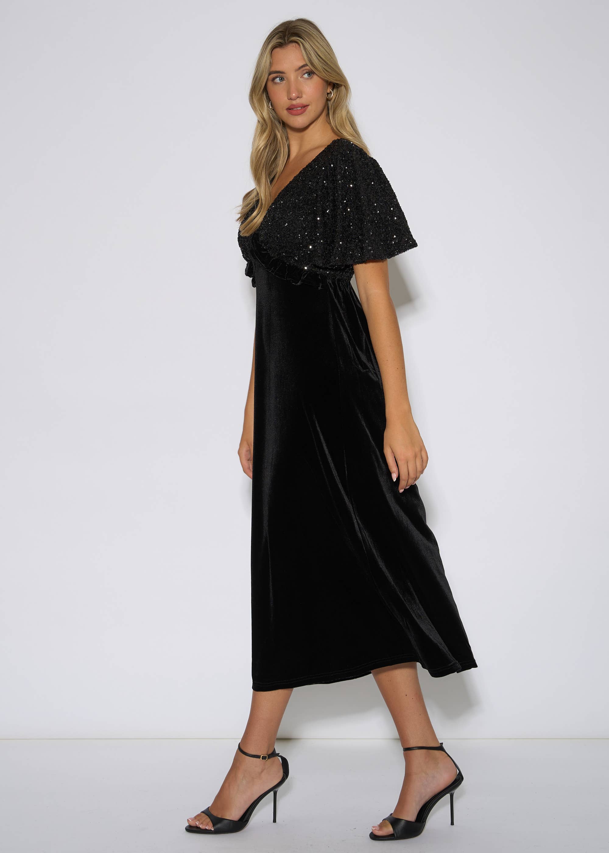 Black Sequin Top Premium Velvet Occasion Midi Dress