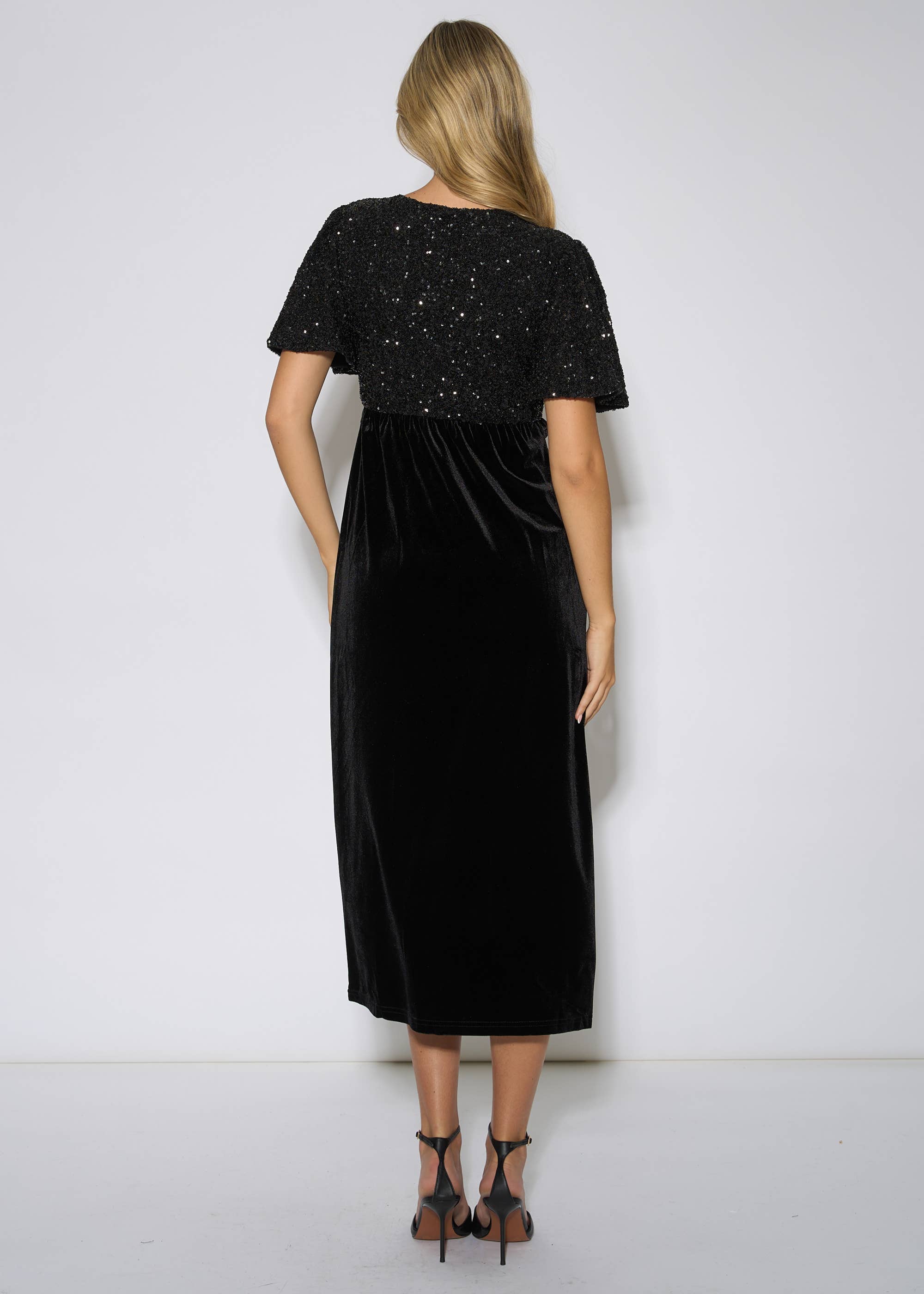 Black Sequin Top Premium Velvet Occasion Midi Dress