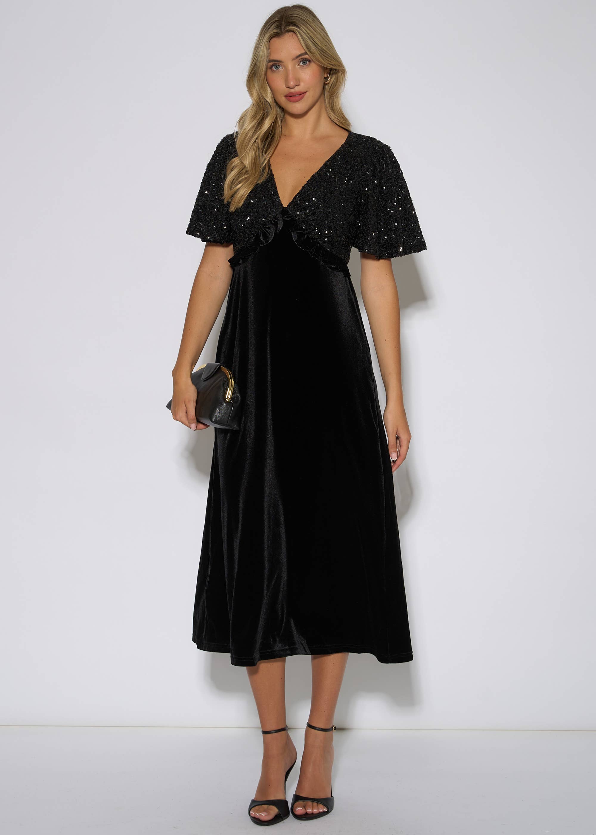 Black Sequin Top Premium Velvet Occasion Midi Dress
