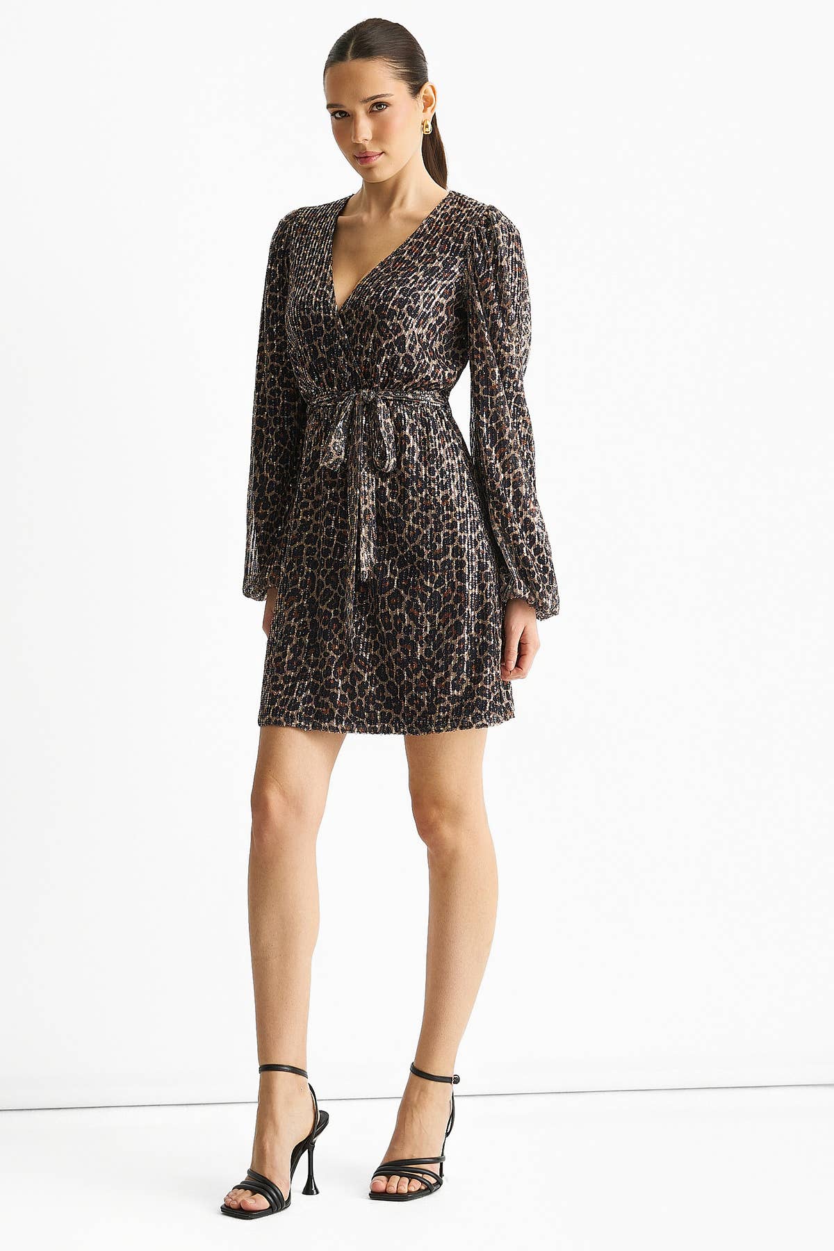 Black Animal Sequin Wrap Elasticated Waist Mini Dress– View 4 | Gini London