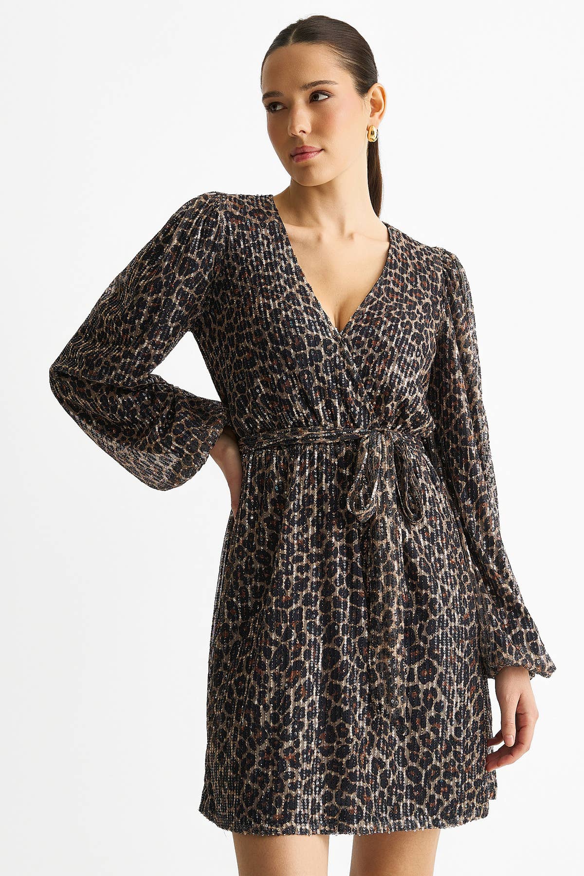 Black Animal Sequin Wrap Elasticated Waist Mini Dress– View 1 | Gini London
