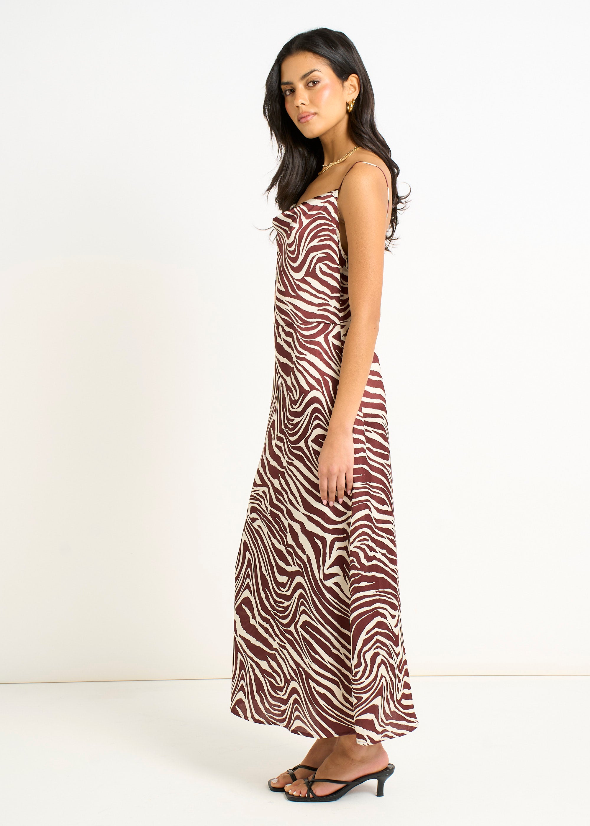 Burgundy Zebra Cowl Neck Midi Dress