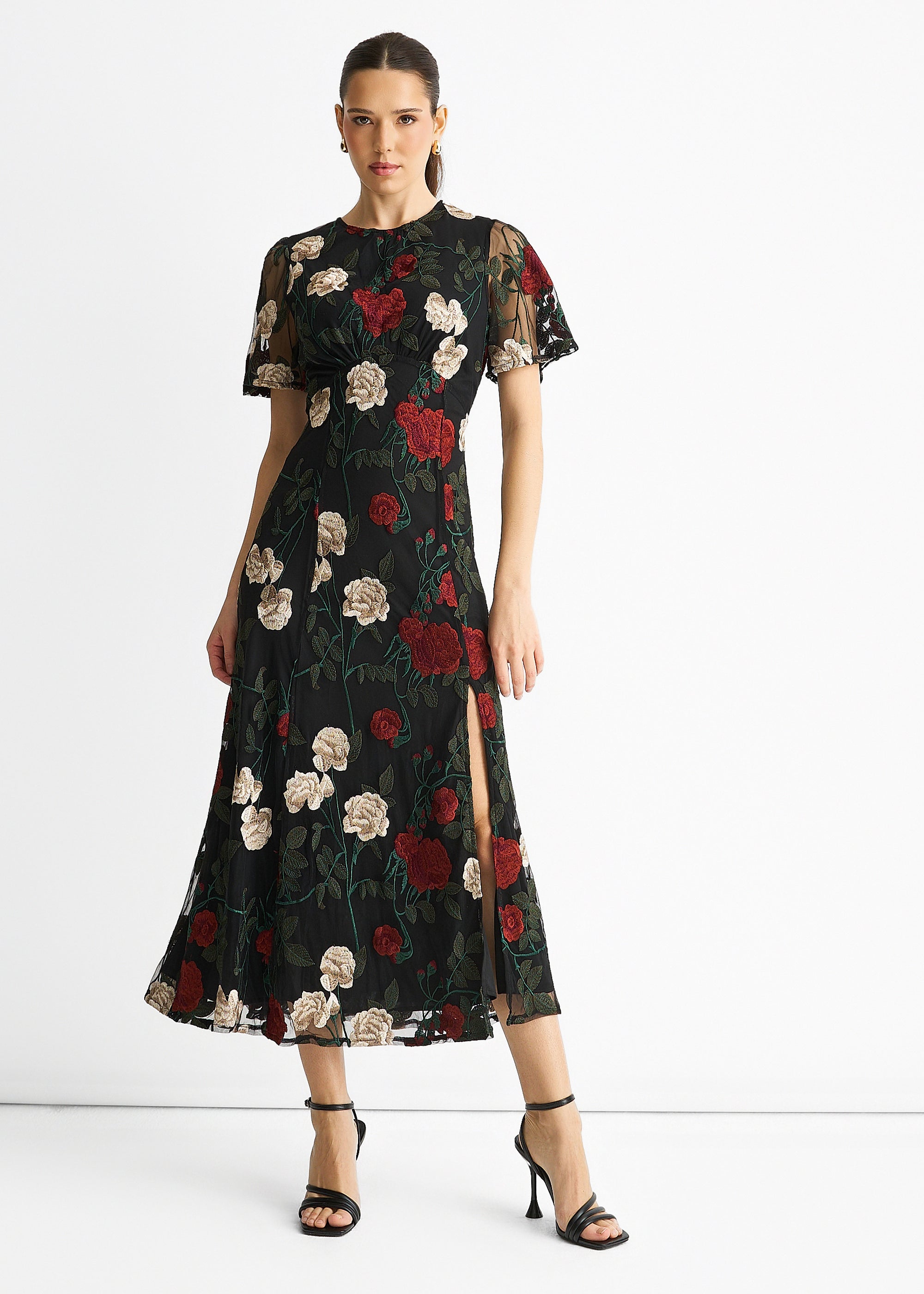 Angel Sleeves Embroidered Occasion Midi Dress