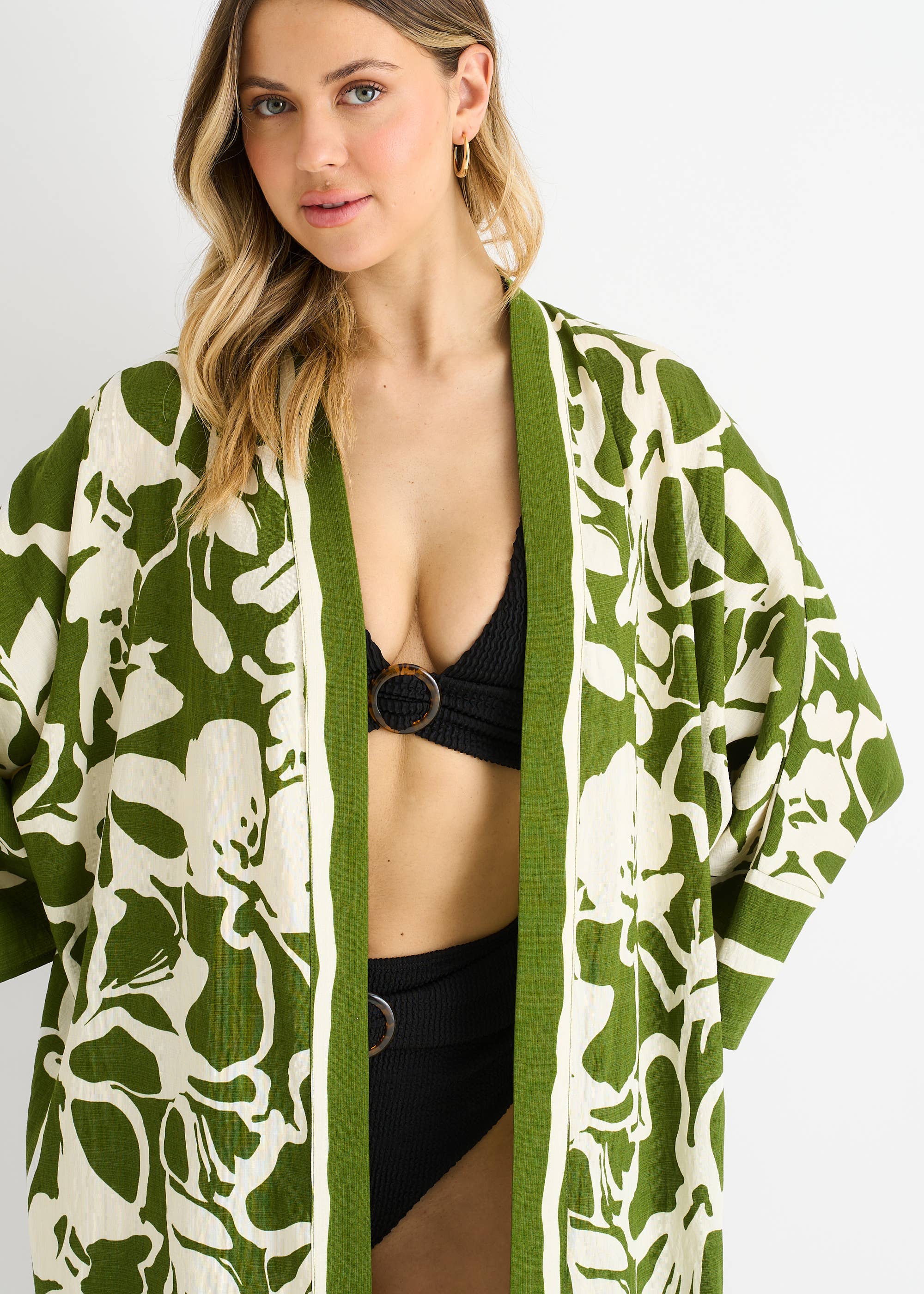 Green Summer Border Printed Beach Kimono