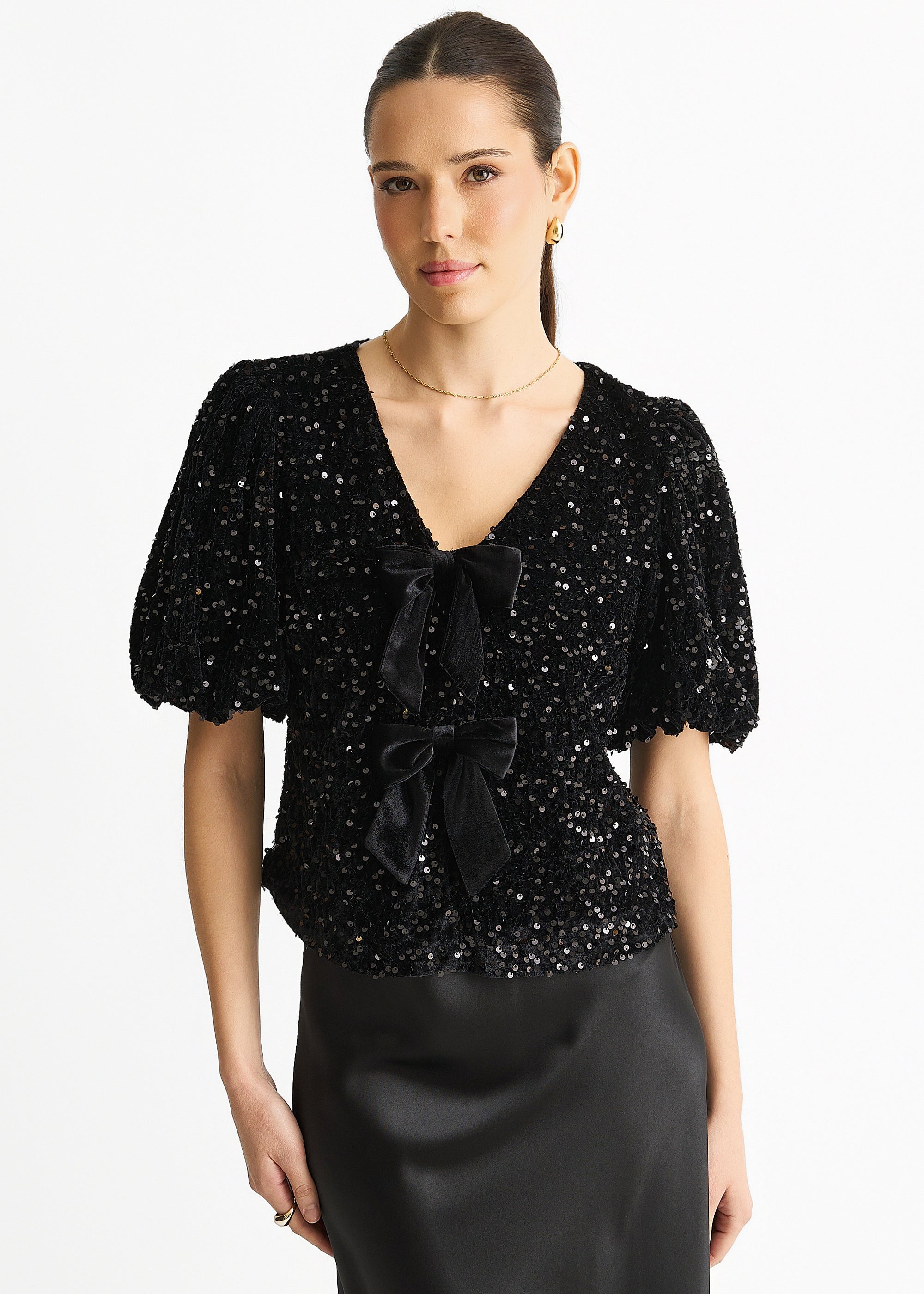 Velvet Sequin Bow Front Bubble Sleeve Top