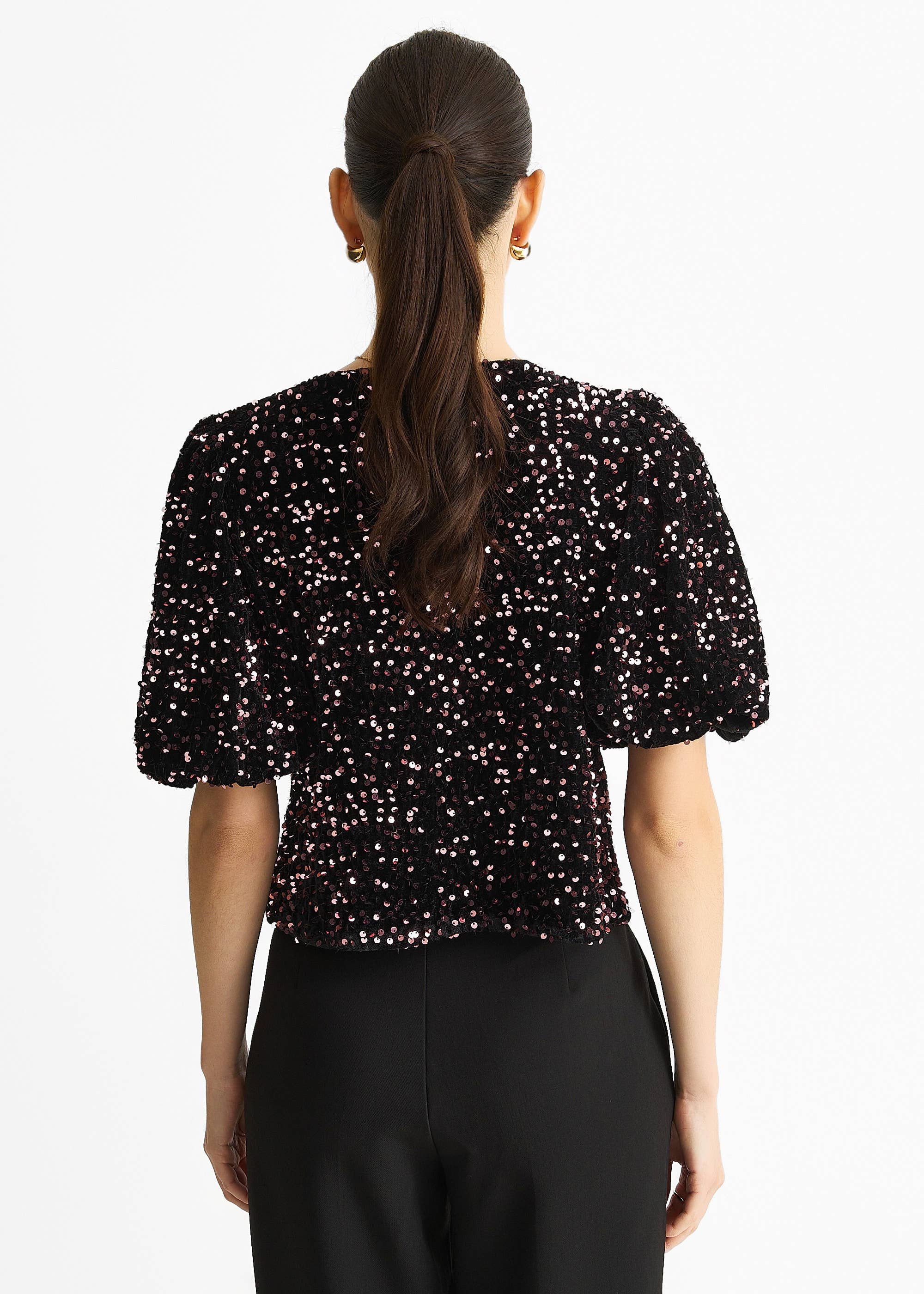 Purple Velvet Sequin Bow Front Bubble Sleeve Top