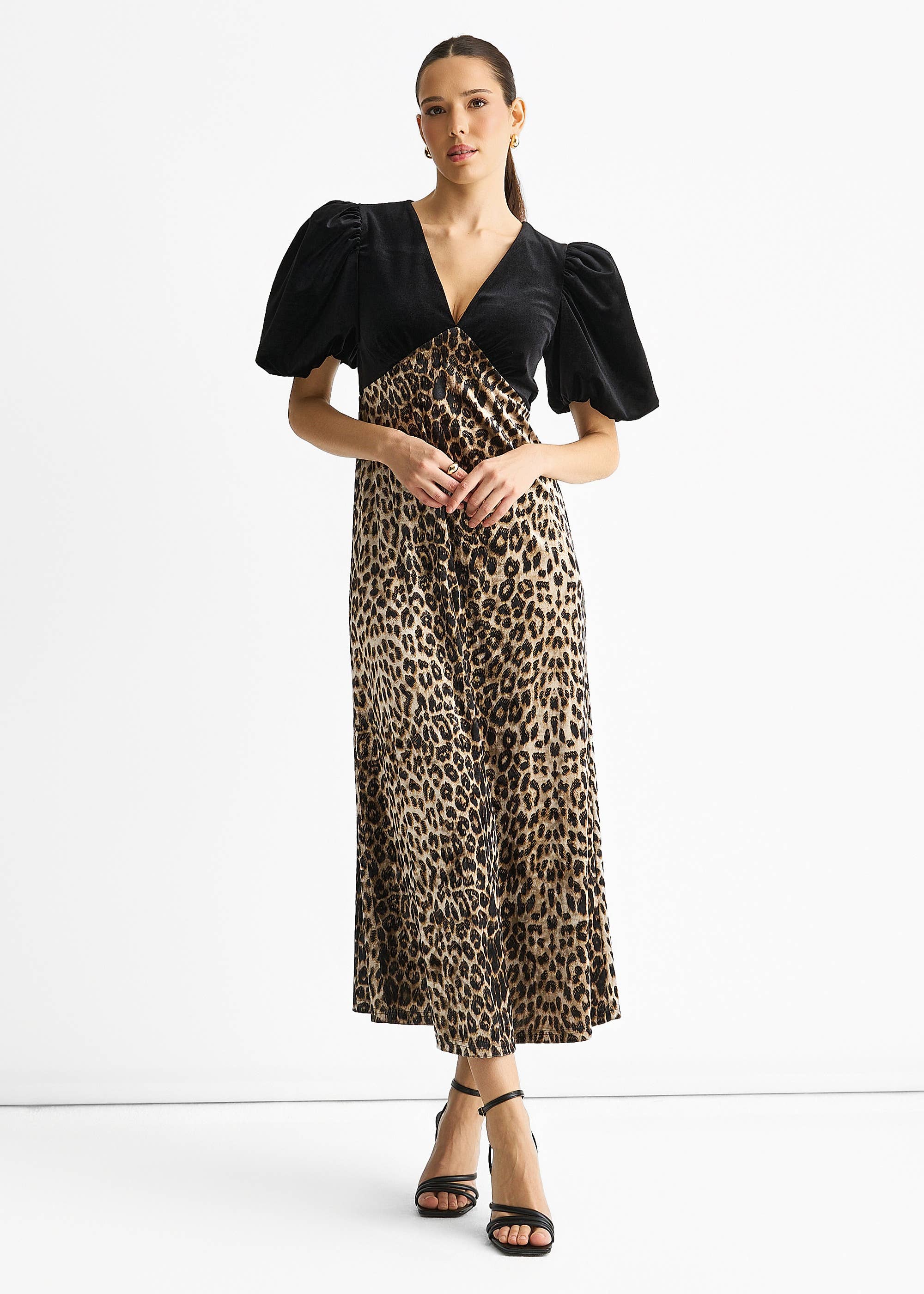 Black Animal Velvet Contrast Top Occasion Midi Dress