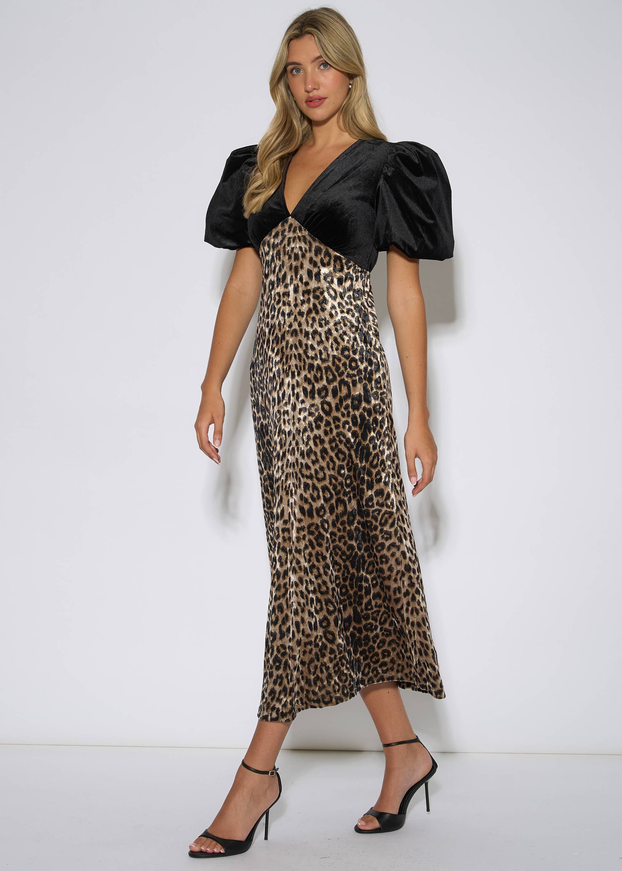 Black Animal Velvet Contrast Top Occasion Midi Dress