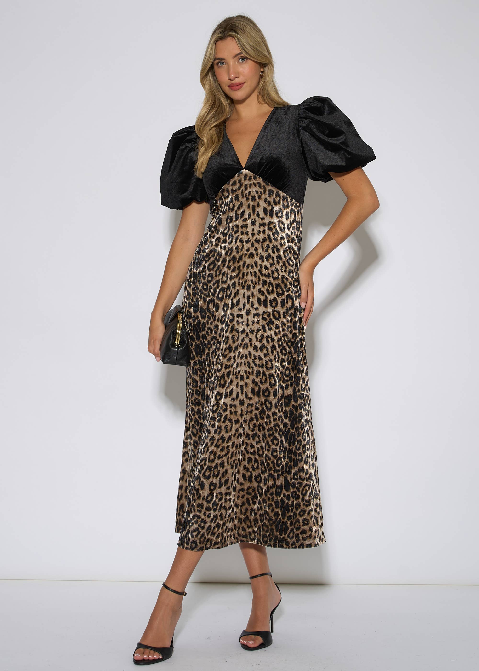 Black Animal Velvet Contrast Top Occasion Midi Dress