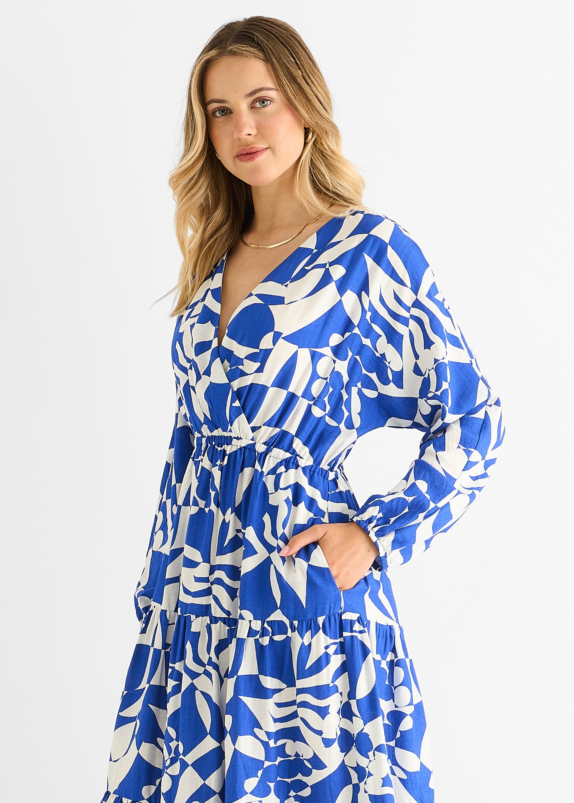 Blue Abstract Wrap Elasticated Waist Midaxi Dress Gini London Blue Abstract Wrap Elasticated Waist Midaxi Dress Gini London