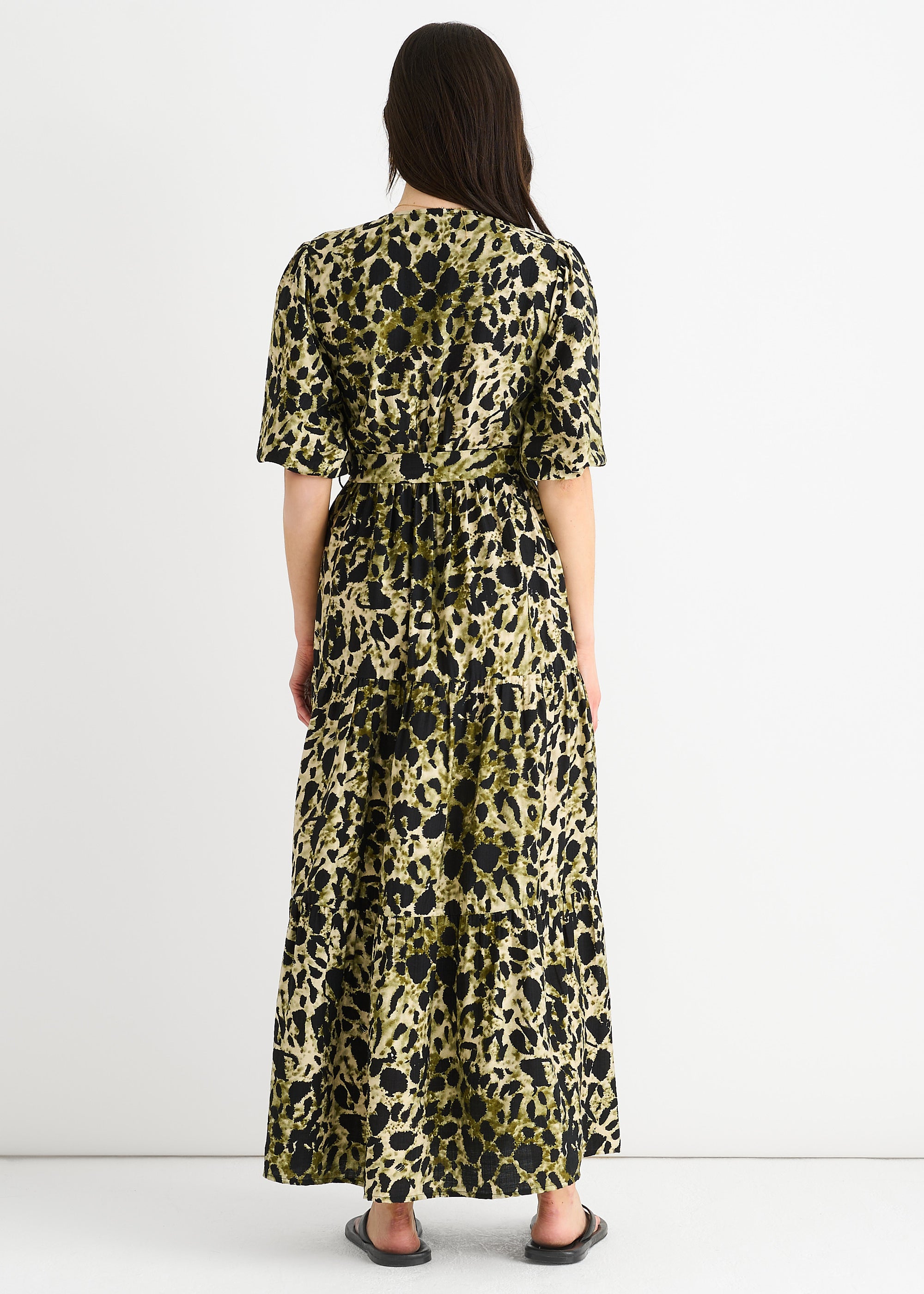 Green Animal Print Wrap Skater Maxi Dress