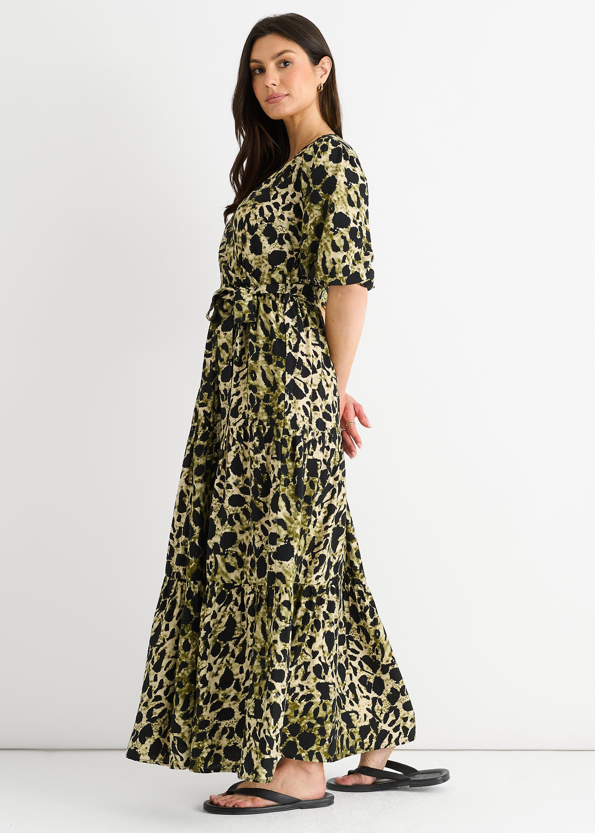 Green Animal Print Wrap Skater Maxi Dress