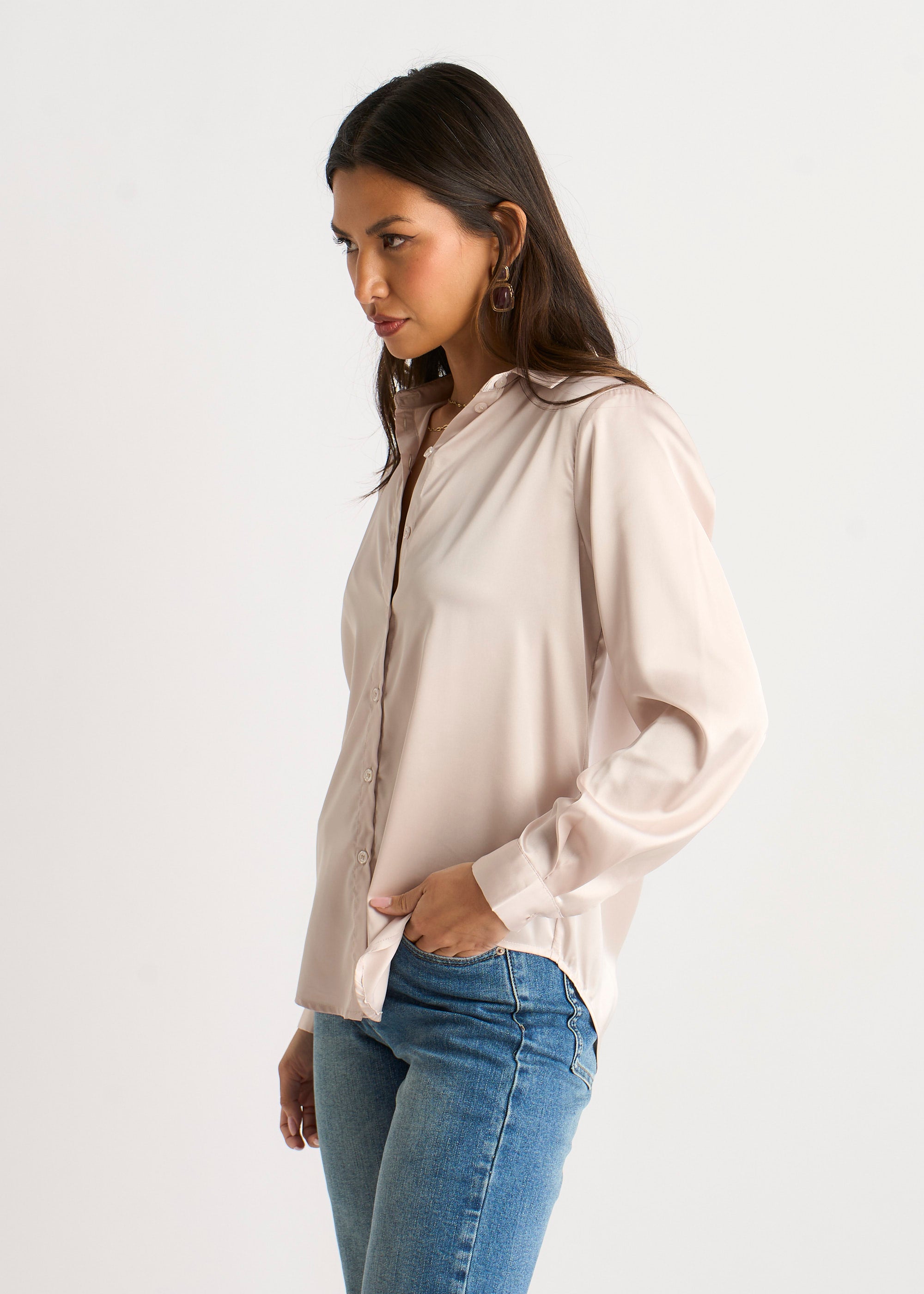 Oyster Satin Loose Fit Button Through Shirt