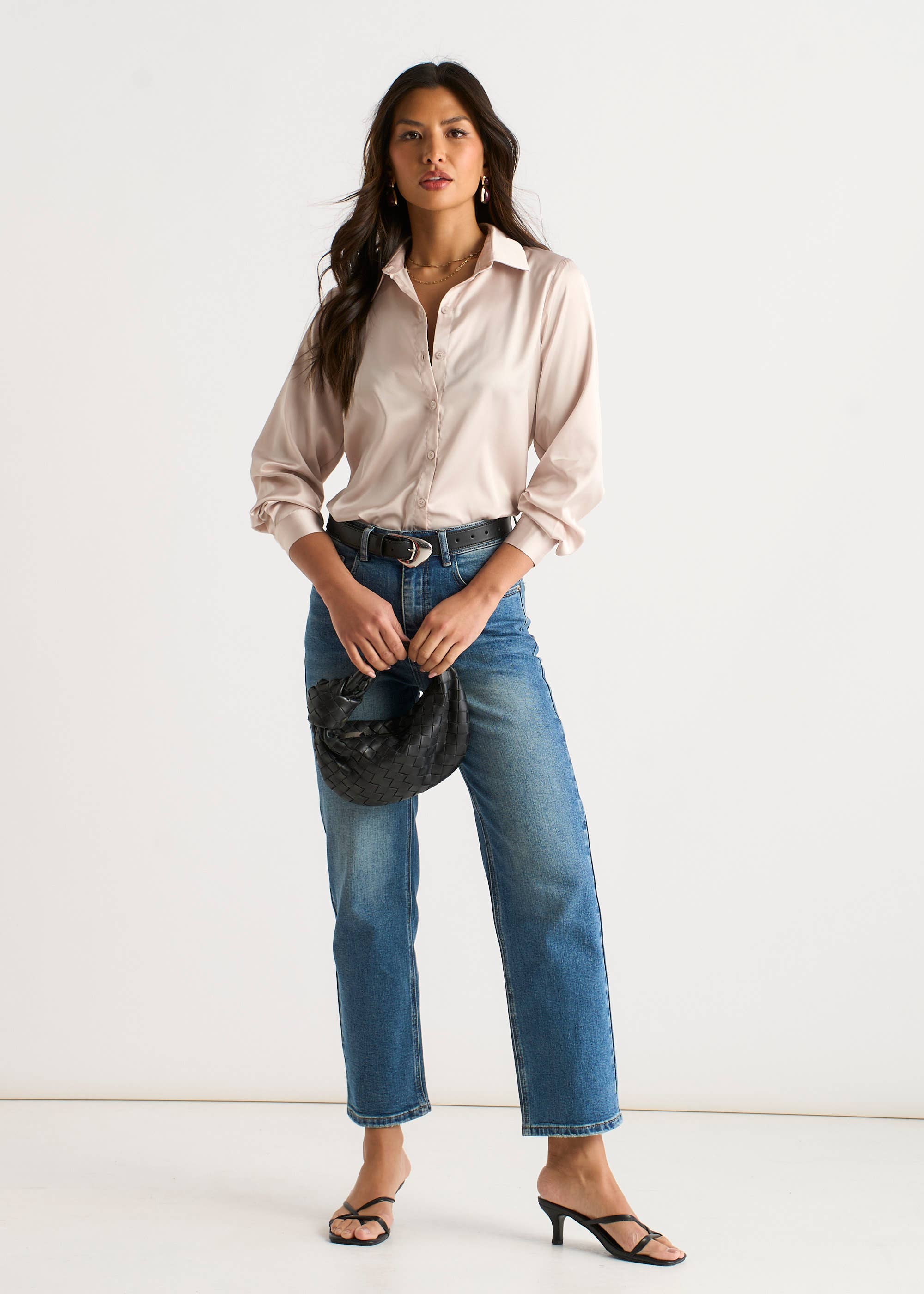 Oyster Satin Loose Fit Button Through Shirt