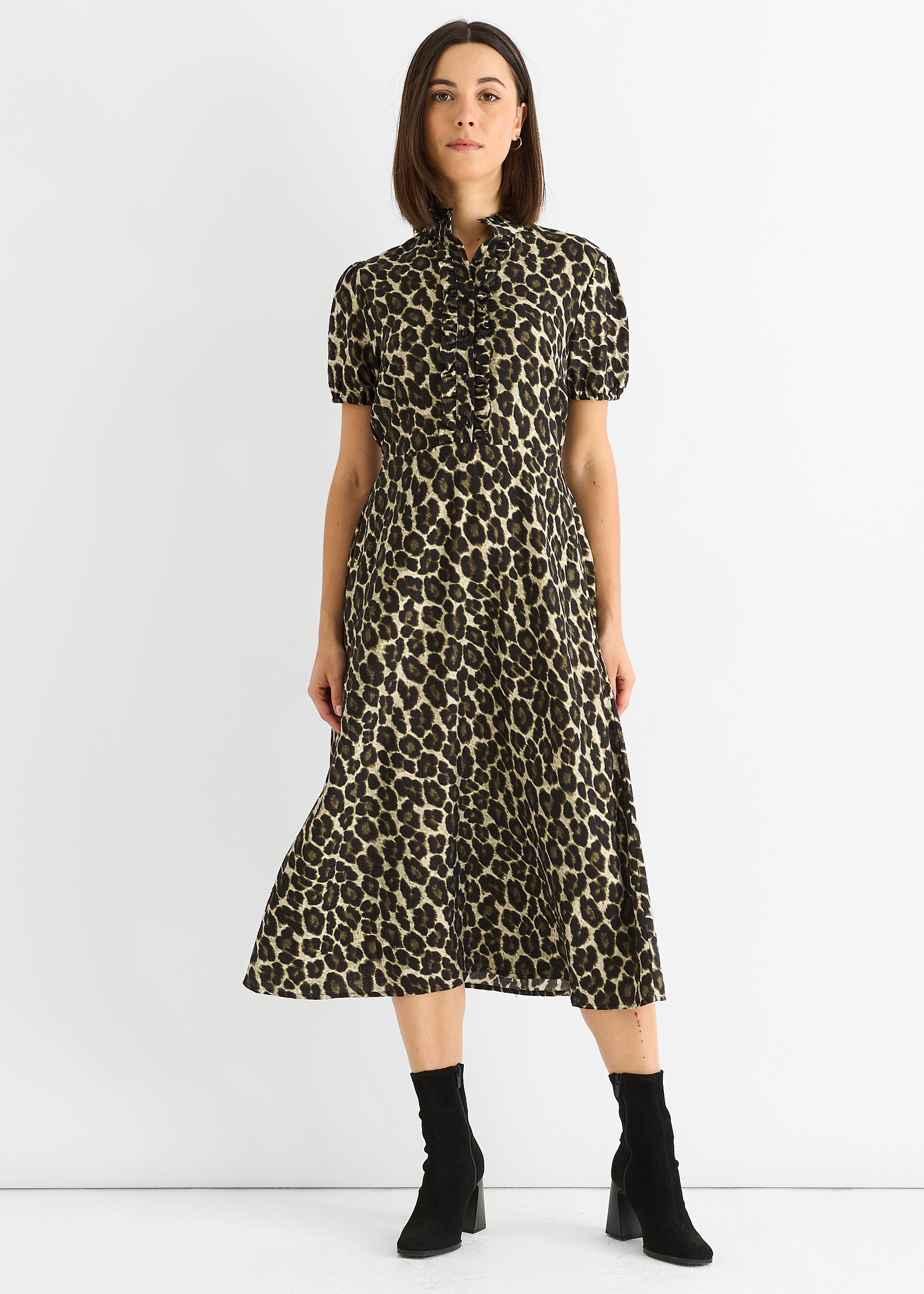Green Animal Print Ruffle Neck Midi Dress