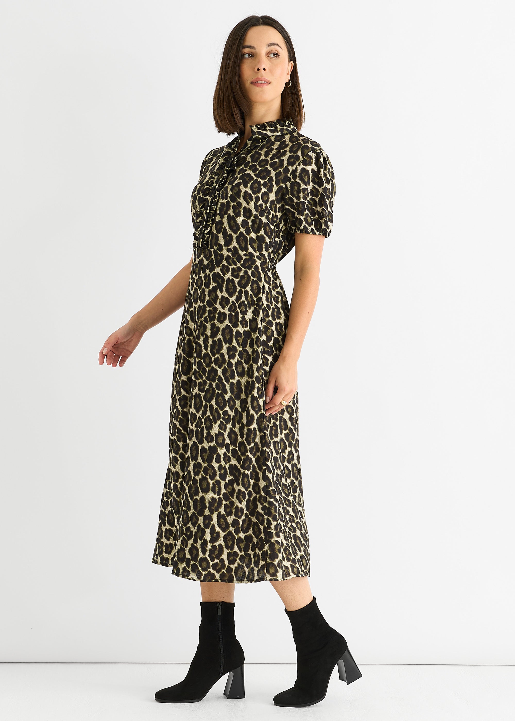 Green Animal Print Ruffle Neck Midi Dress