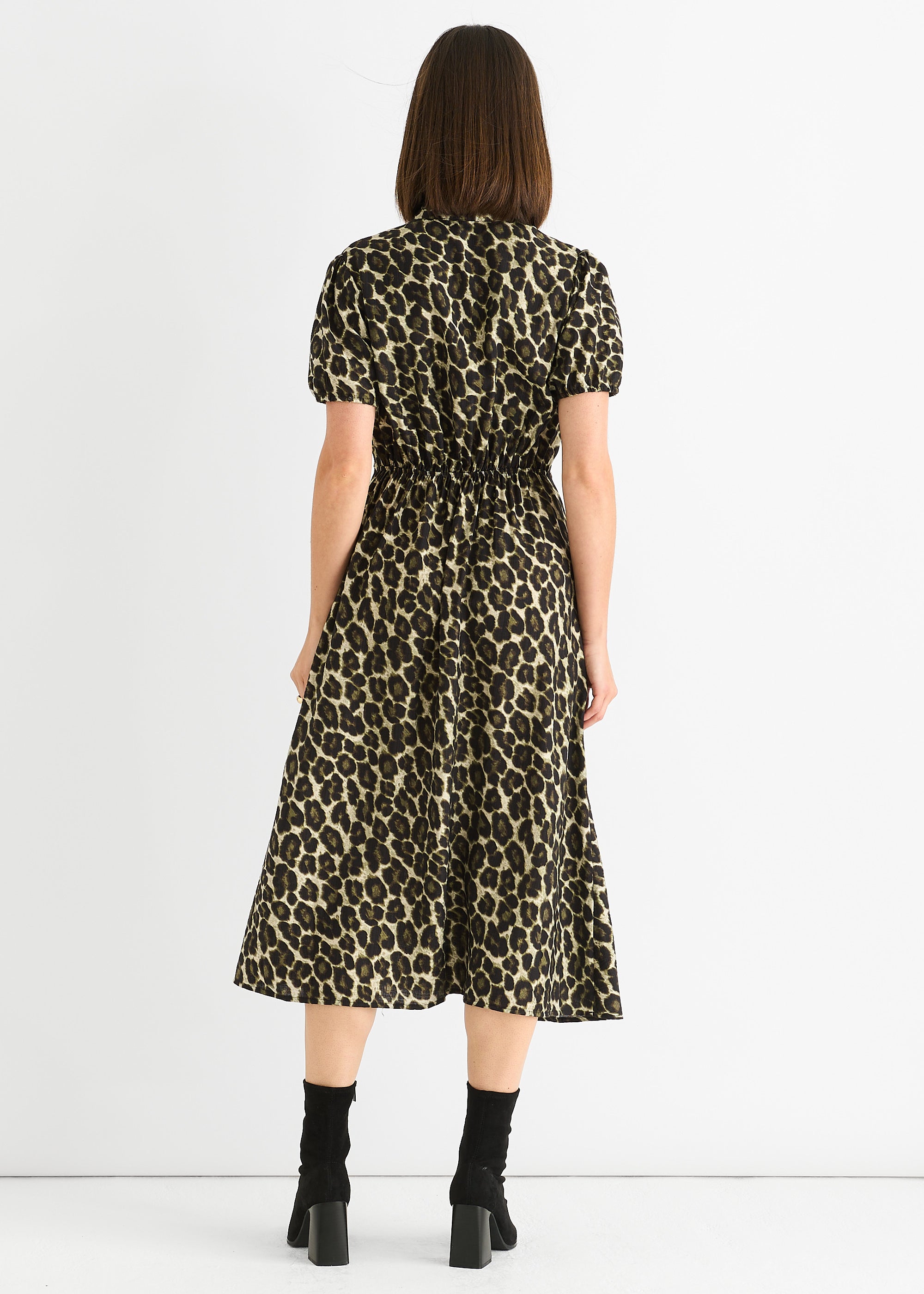 Green Animal Print Ruffle Neck Midi Dress