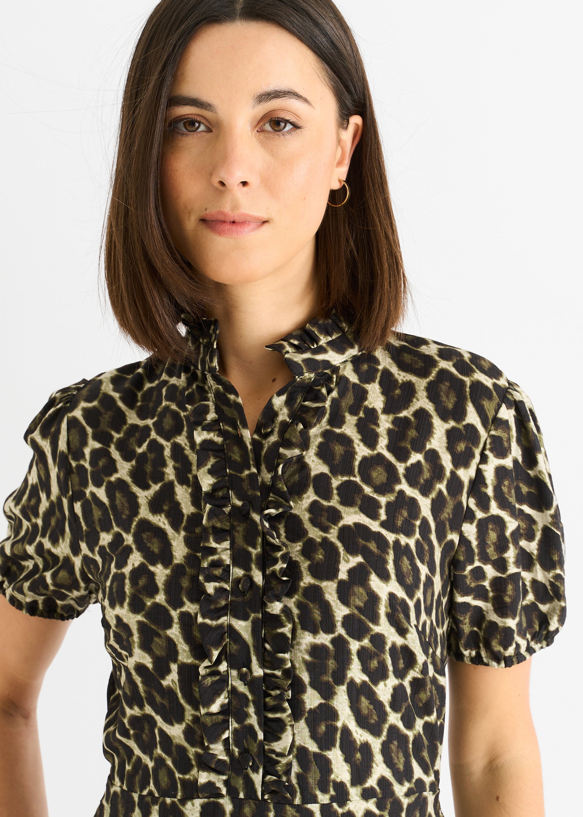 Green Animal Print Ruffle Neck Midi Dress