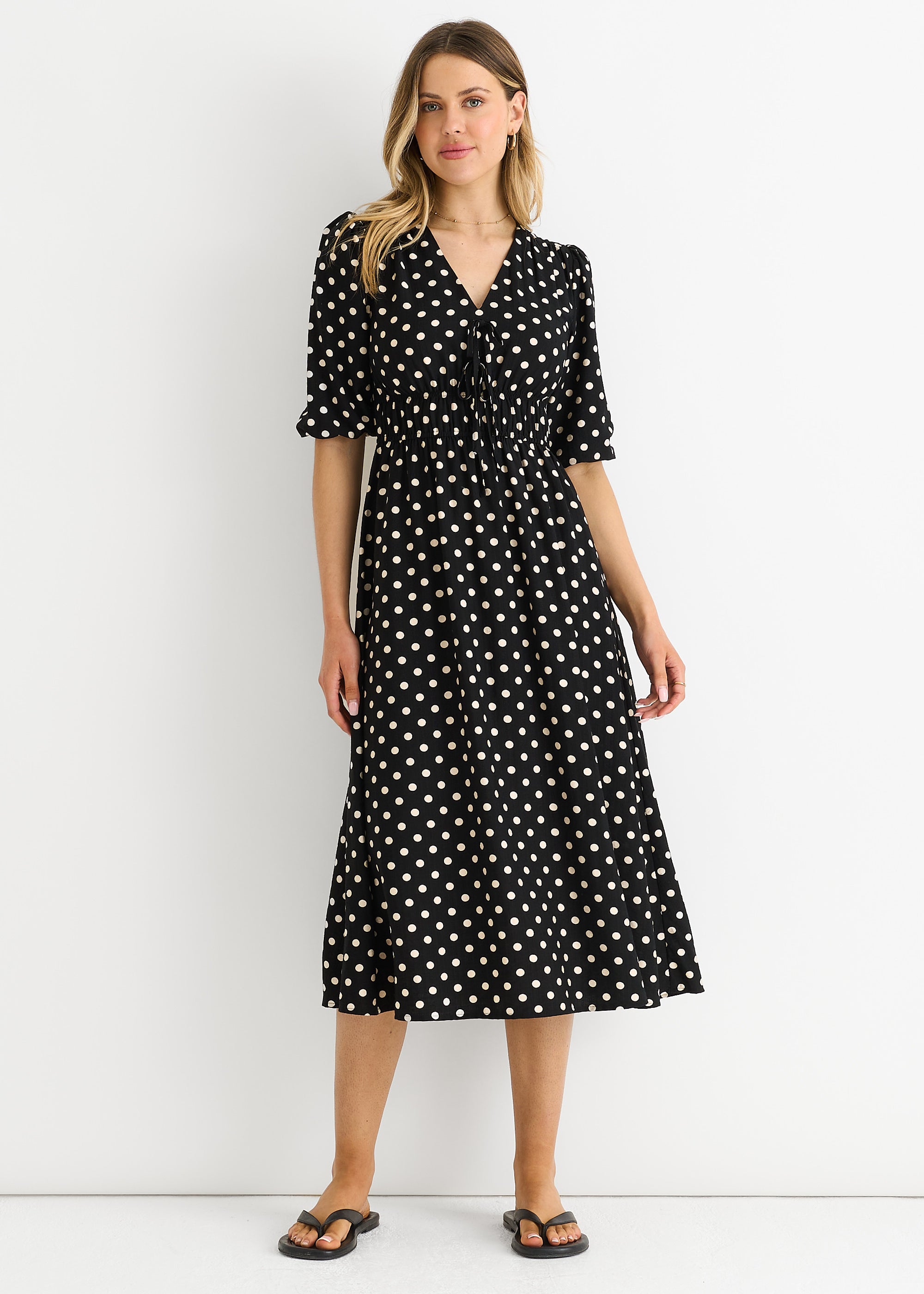 Spot Print Shirred Waist Shift Midi Dress