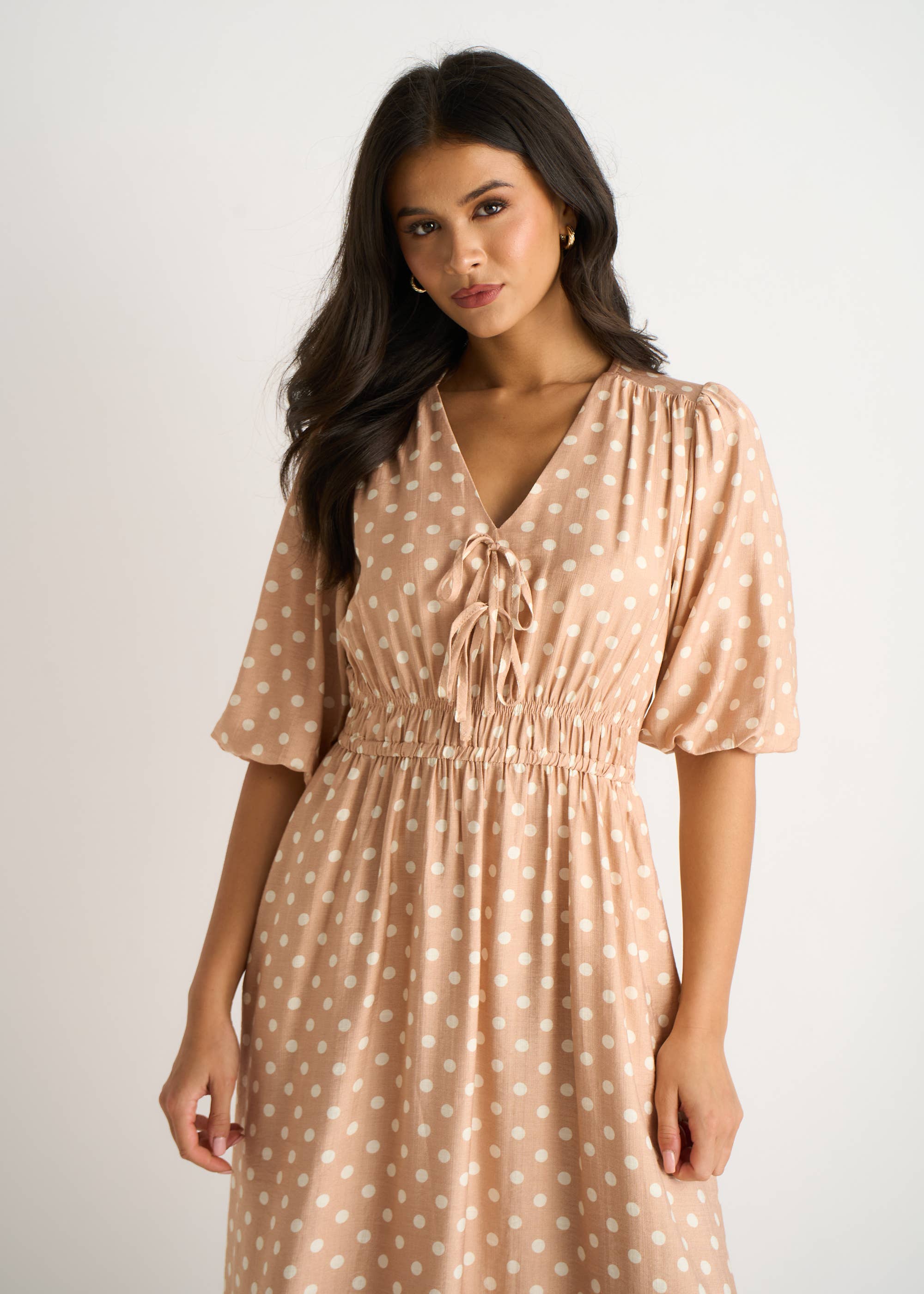 Oatmeal Spot Print Shirred Waist Shift Midi Dress