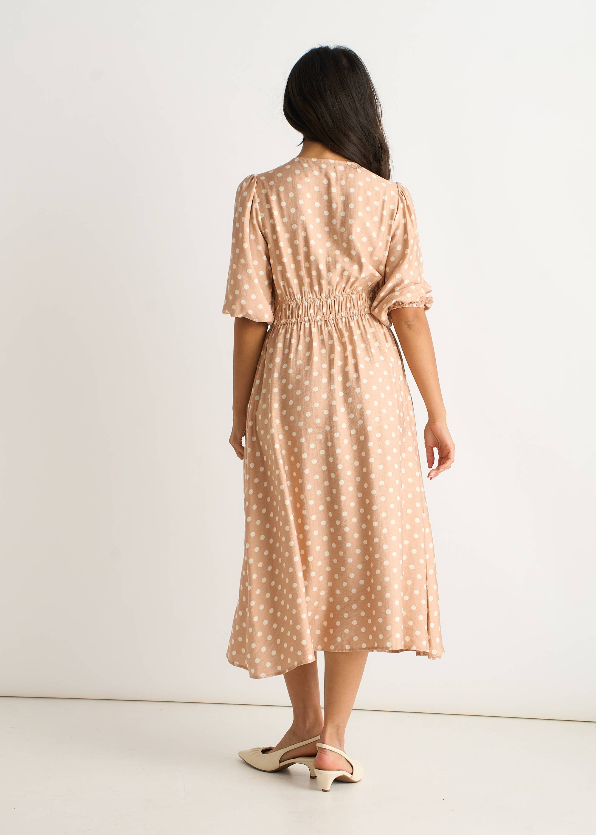 Oatmeal Spot Print Shirred Waist Shift Midi Dress