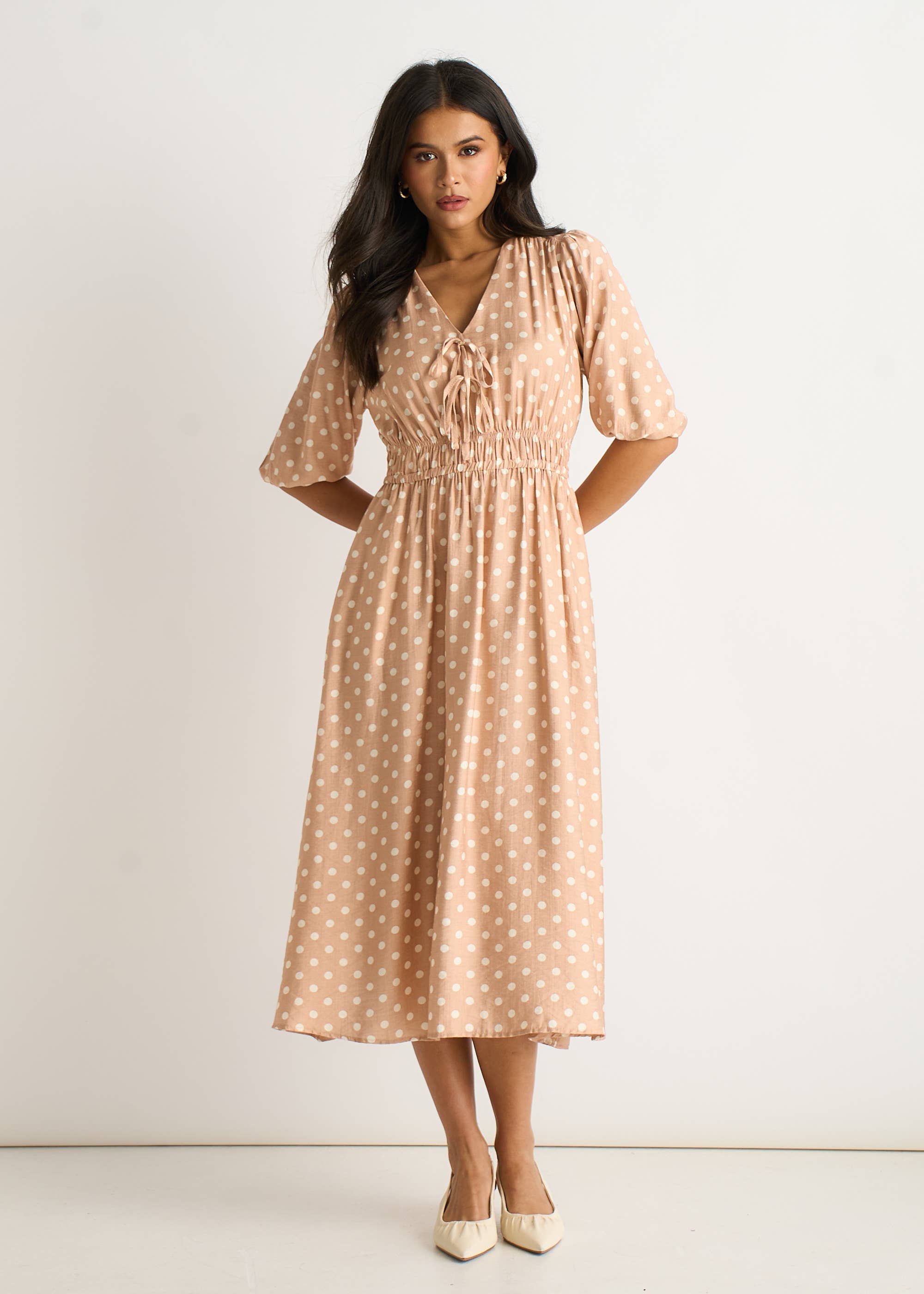 Oatmeal Spot Print Shirred Waist Shift Midi Dress