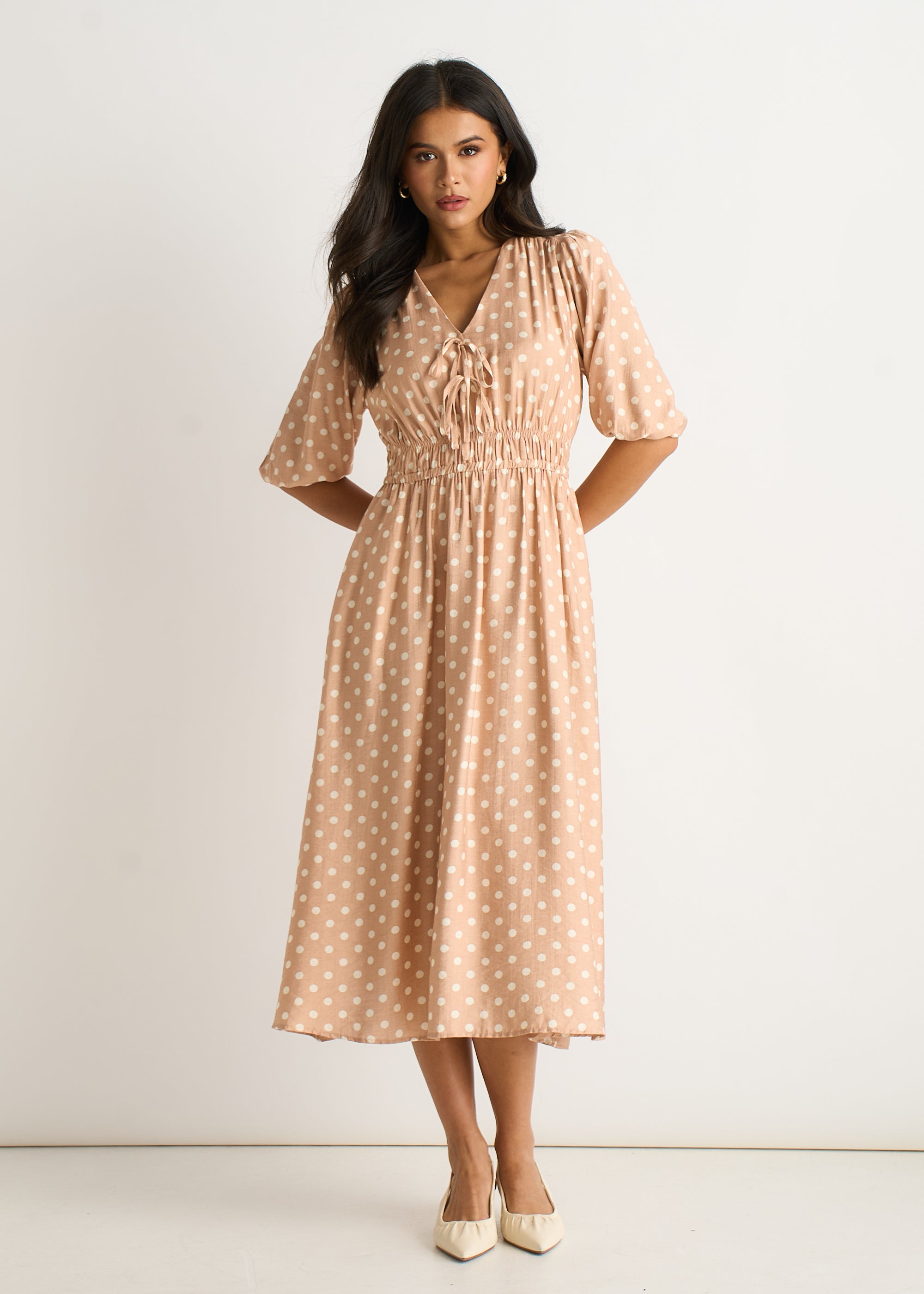 Oatmeal Spot Print Shirred Waist Shift Midi Dress