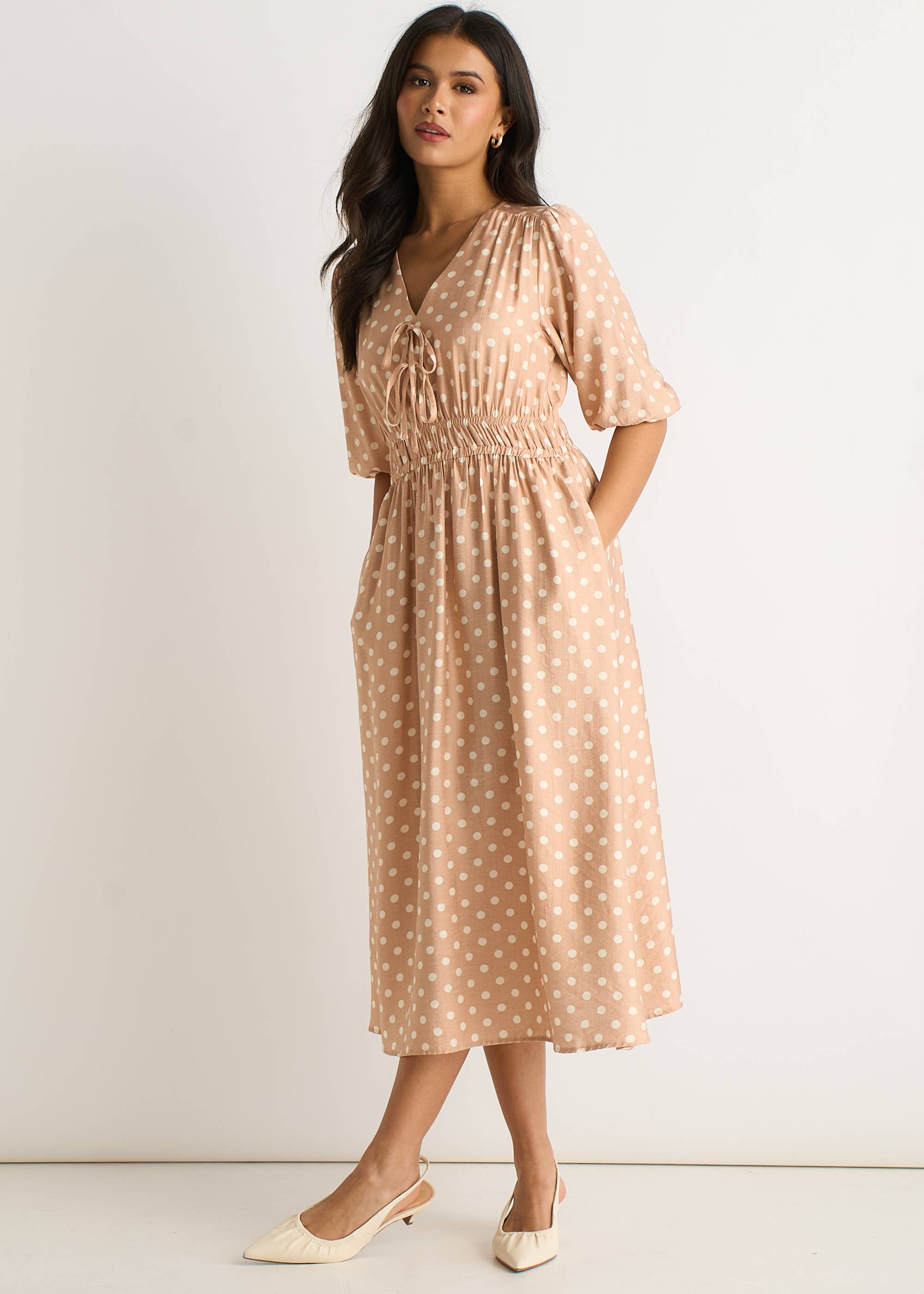 Oatmeal Spot Print Shirred Waist Shift Midi Dress