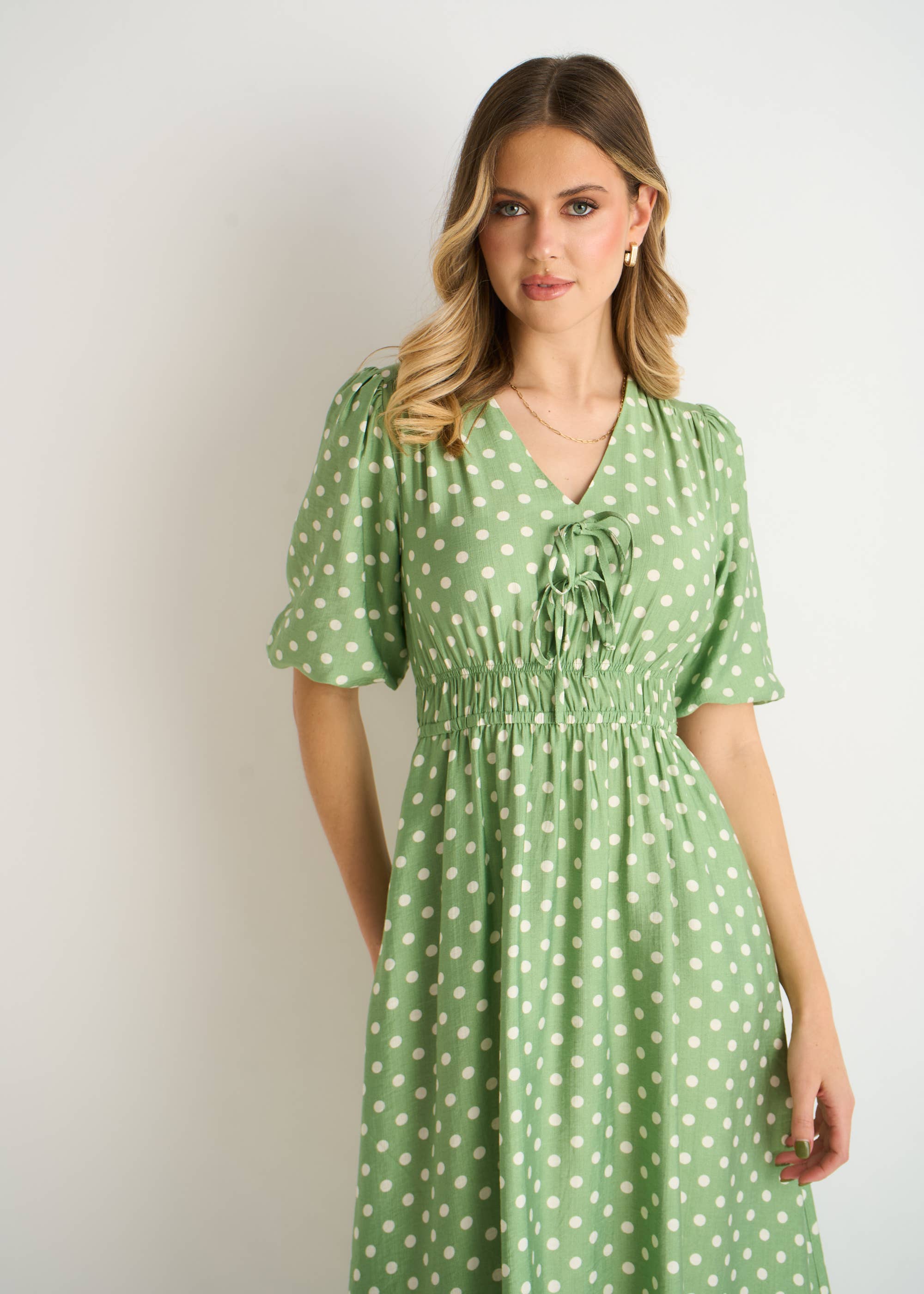 Sage Green Spot Print Shirred Waist Shift Midi Dress  Gini London