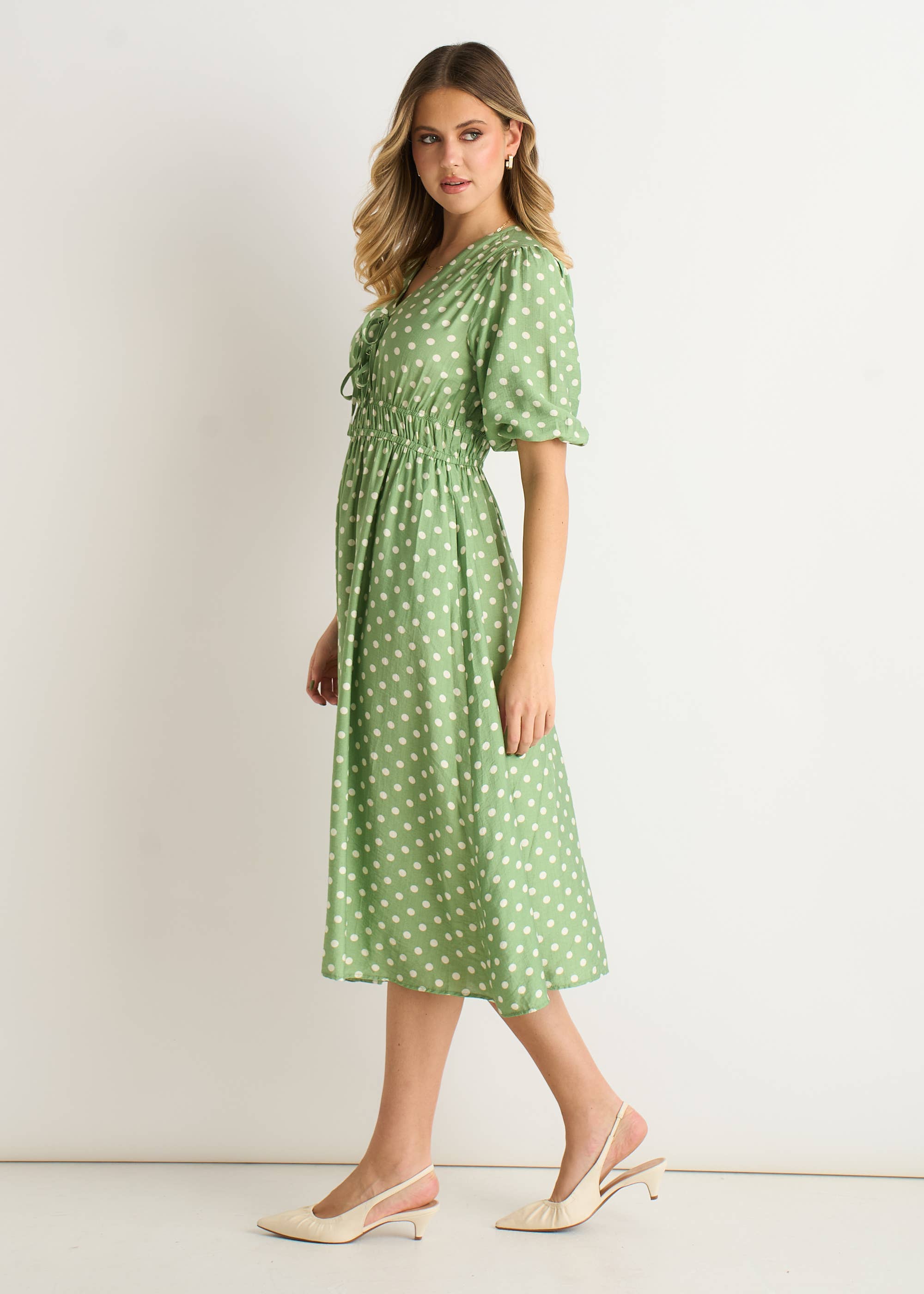 green spot midi dress Green Dorothy Perkins Spot Tie Puff Sleeve Midi Dress