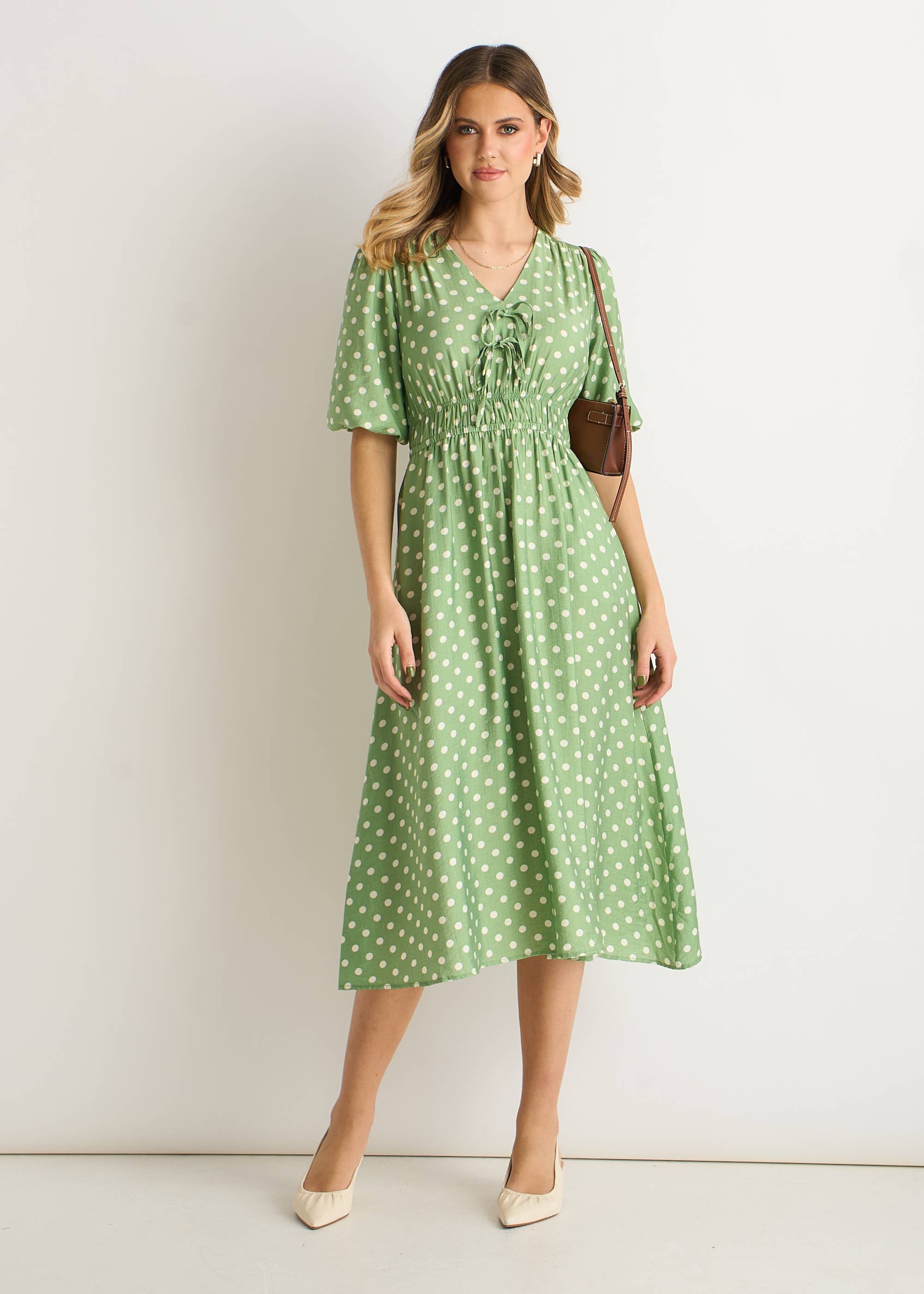 Sage Green Spot Print Shirred Waist Shift Midi Dress