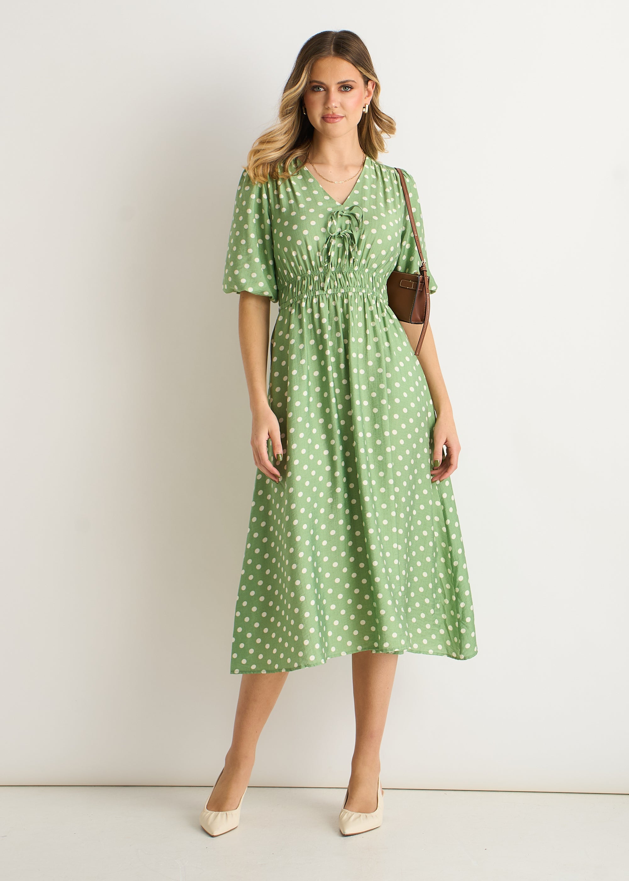 Sage Green Spot Print Shirred Waist Shift Midi Dress