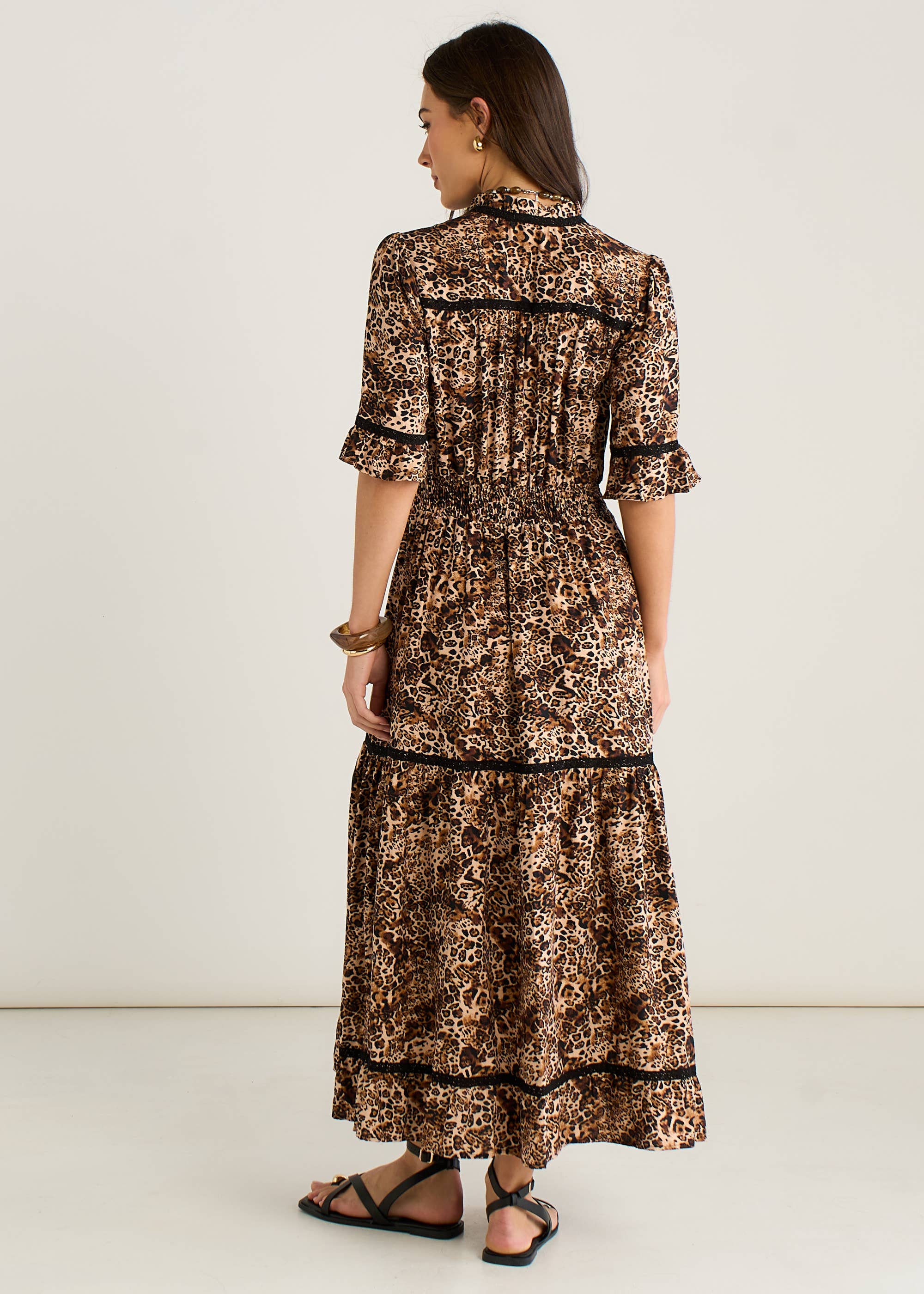 Brown Animal Print Lace Trim Tiered Midi Dress