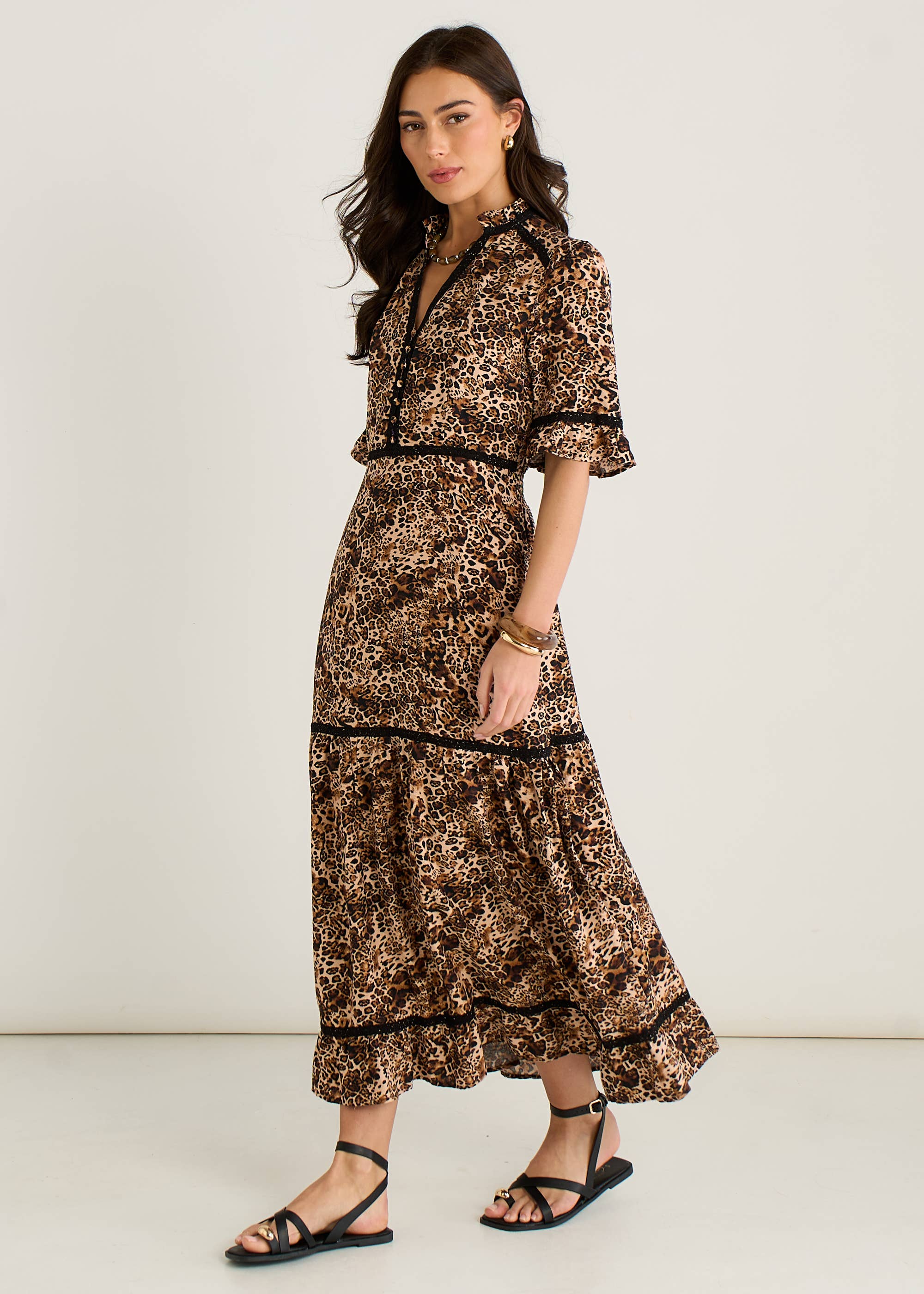 Brown Animal Print Lace Trim Tiered Midi Dress