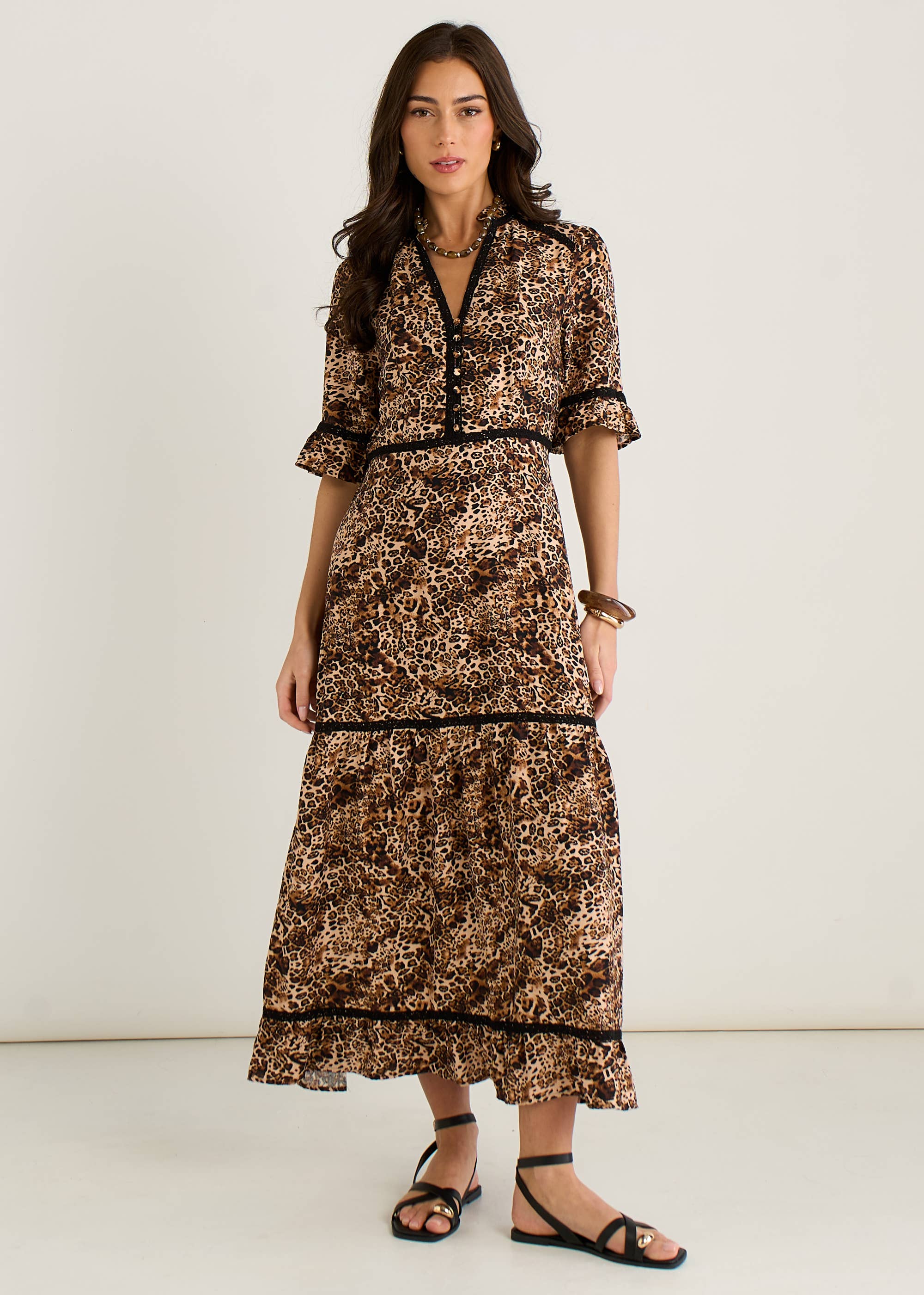 Brown Animal Print Lace Trim Tiered Midi Dress