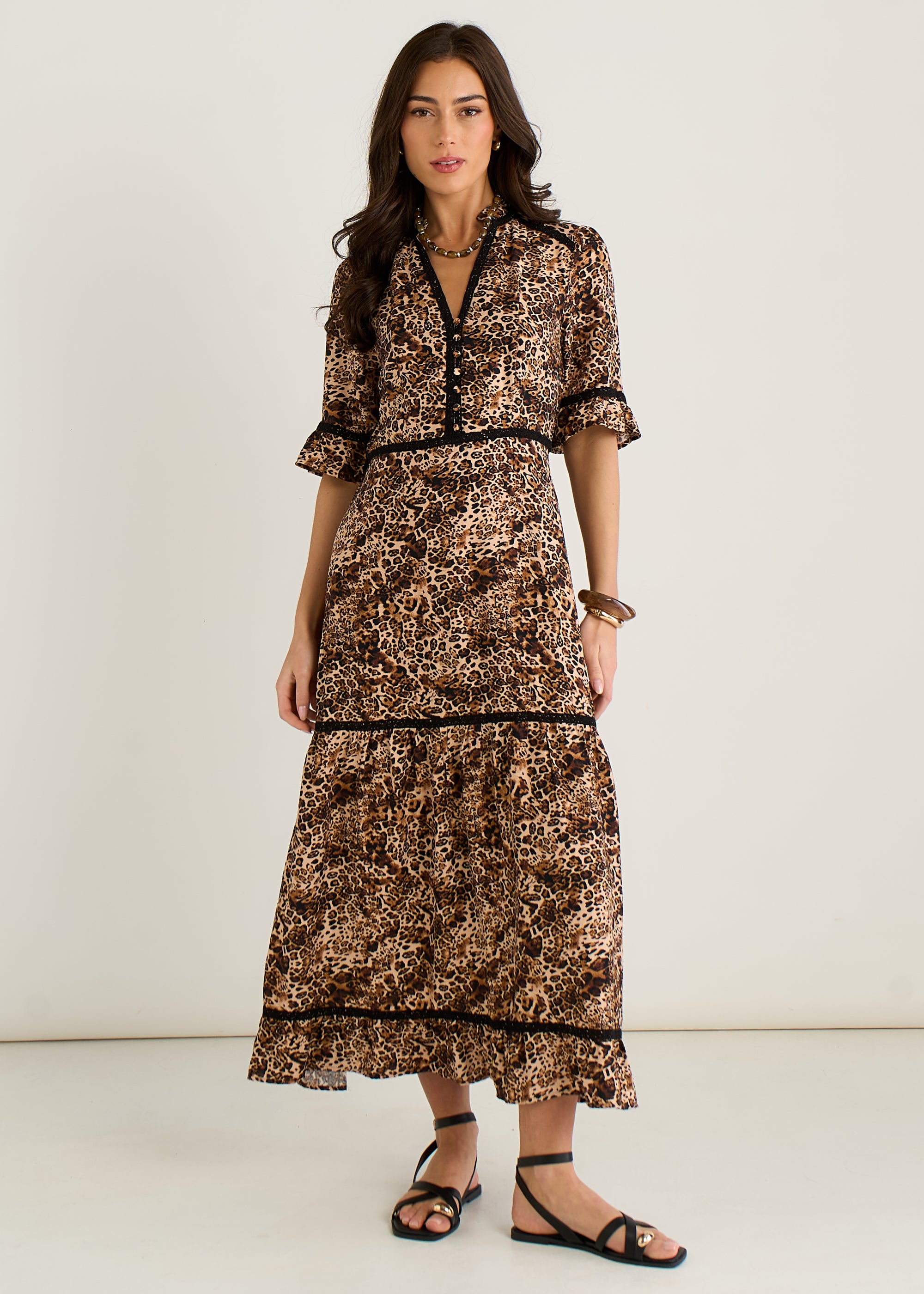 Animal Print Lace Trim Tiered Midi Dress