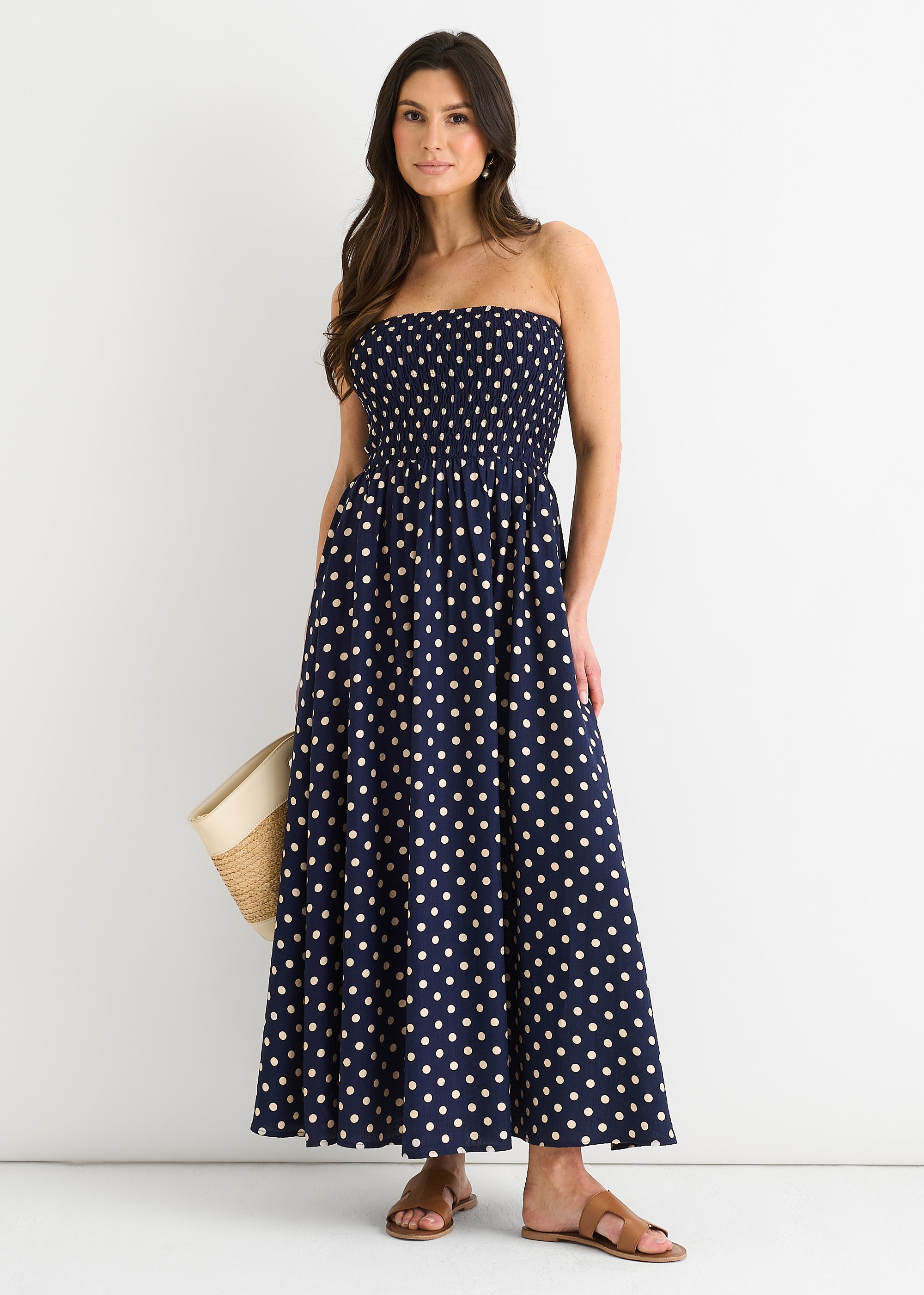 Shirred Top Viscose Spot Midi Dress