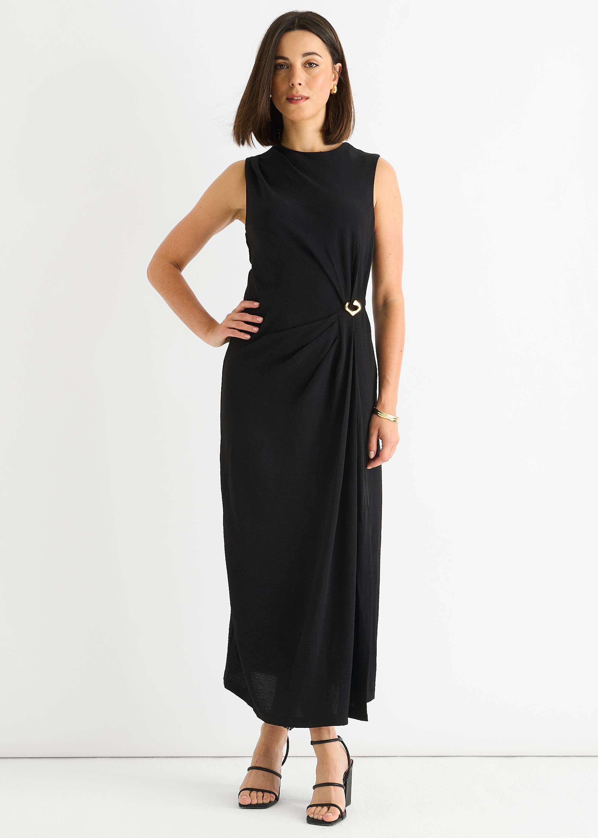 Black Waist Ruched Metal Trim Sleeveless Midi Dress