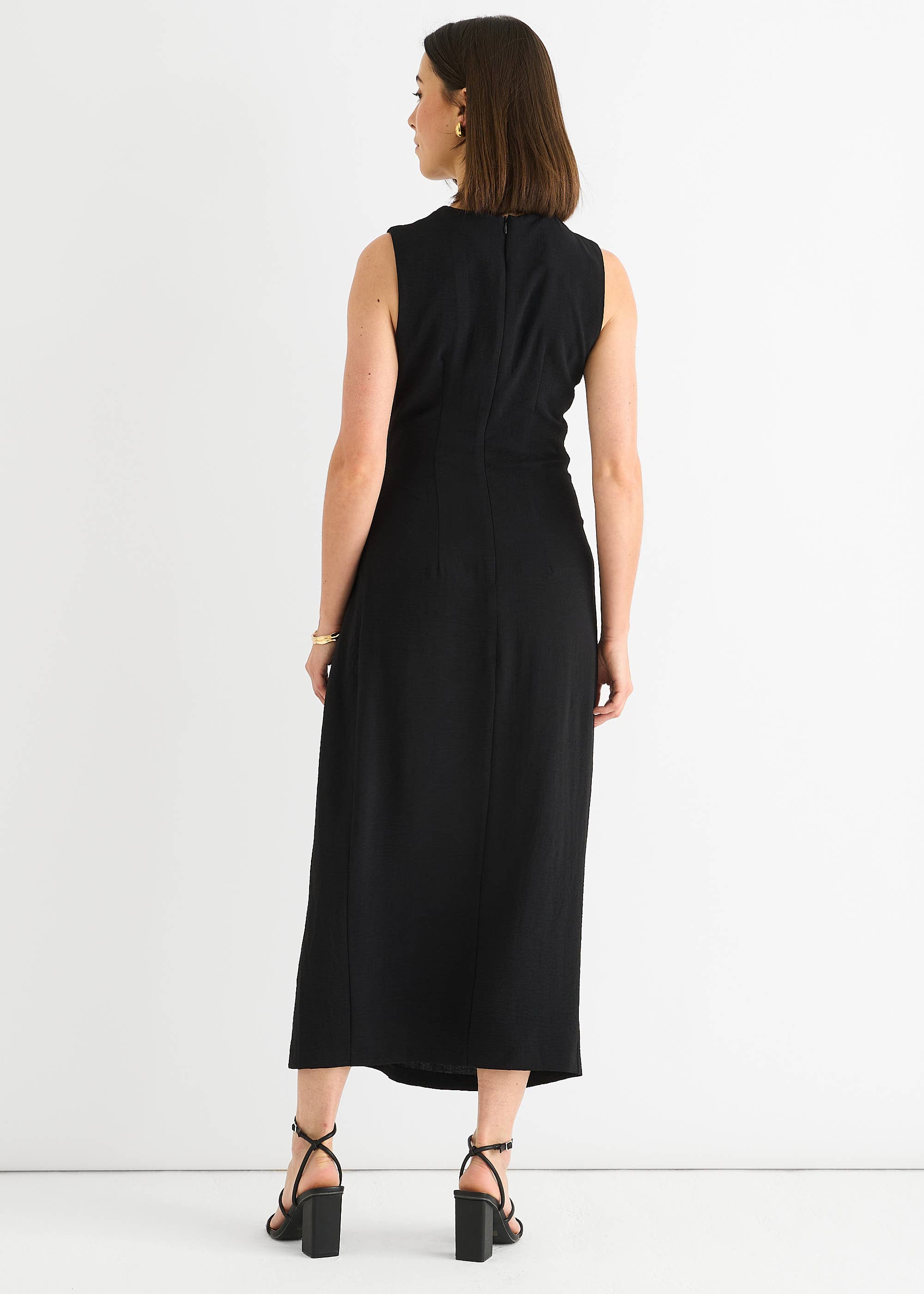 Black Waist Ruched Metal Trim Sleeveless Midi Dress