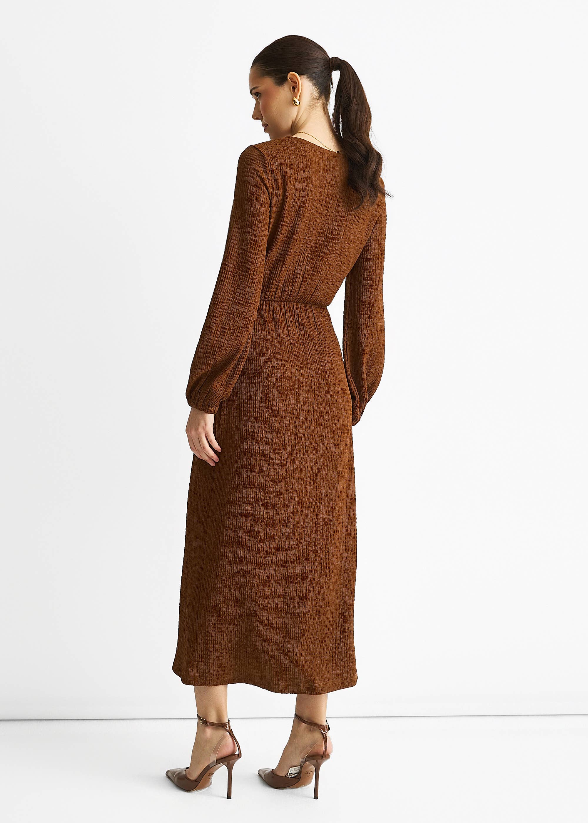 Brown Jersey Texture Wrap Metal Trim Midi Dress