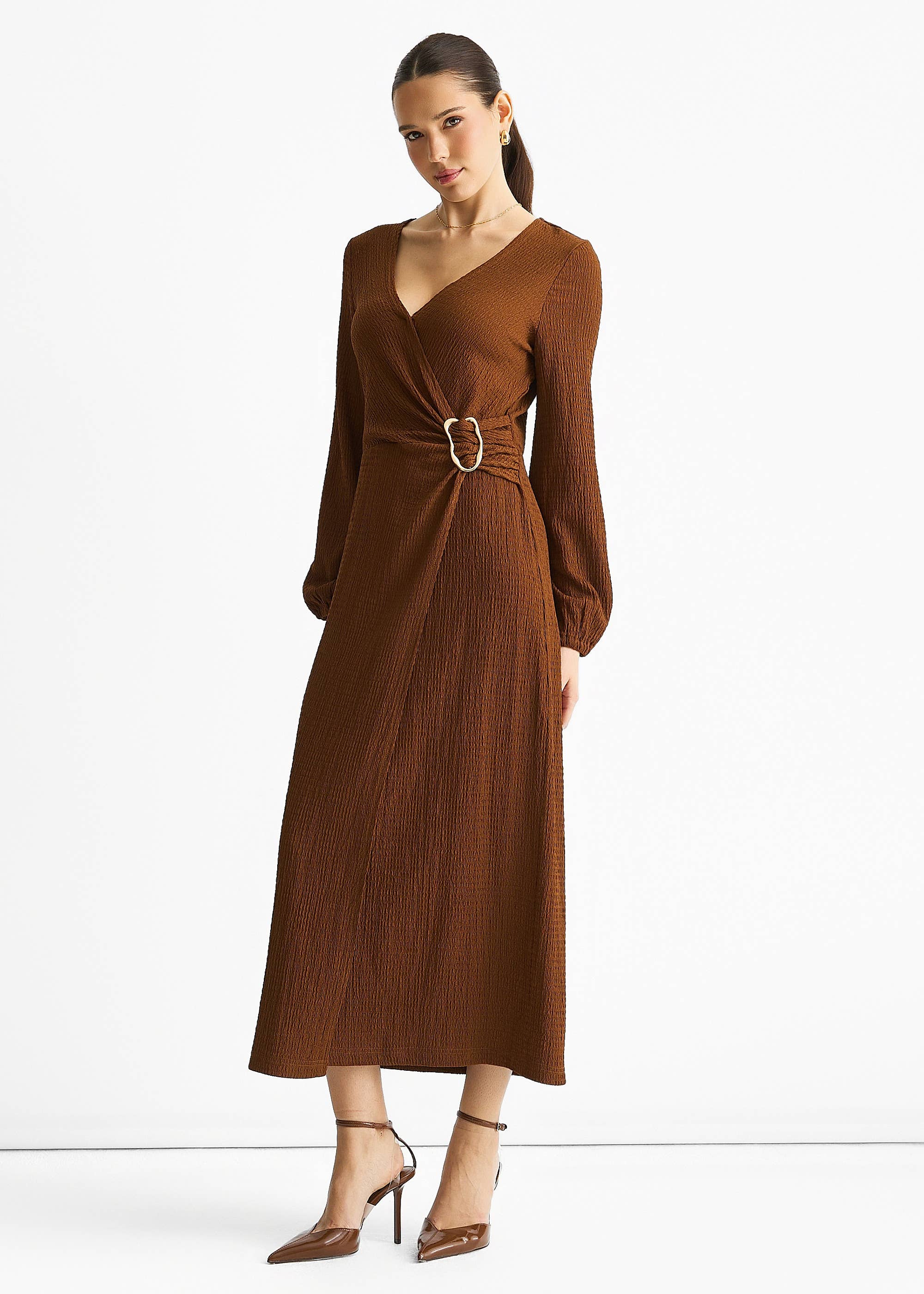 Brown Jersey Texture Wrap Metal Trim Midi Dress