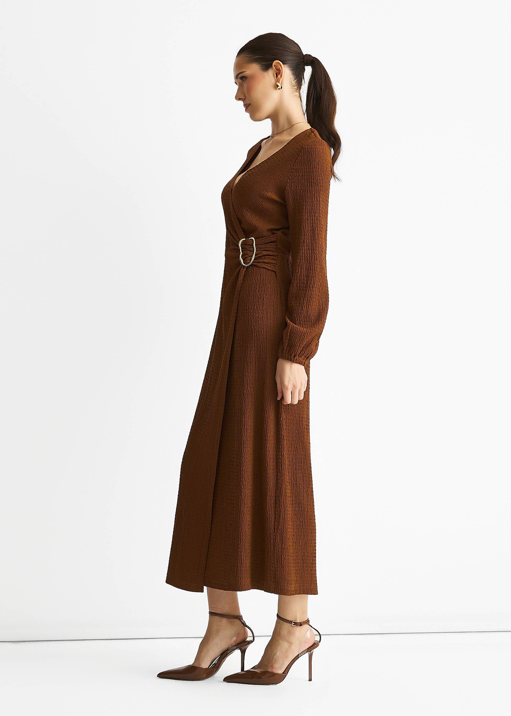 Brown Jersey Texture Wrap Metal Trim Midi Dress