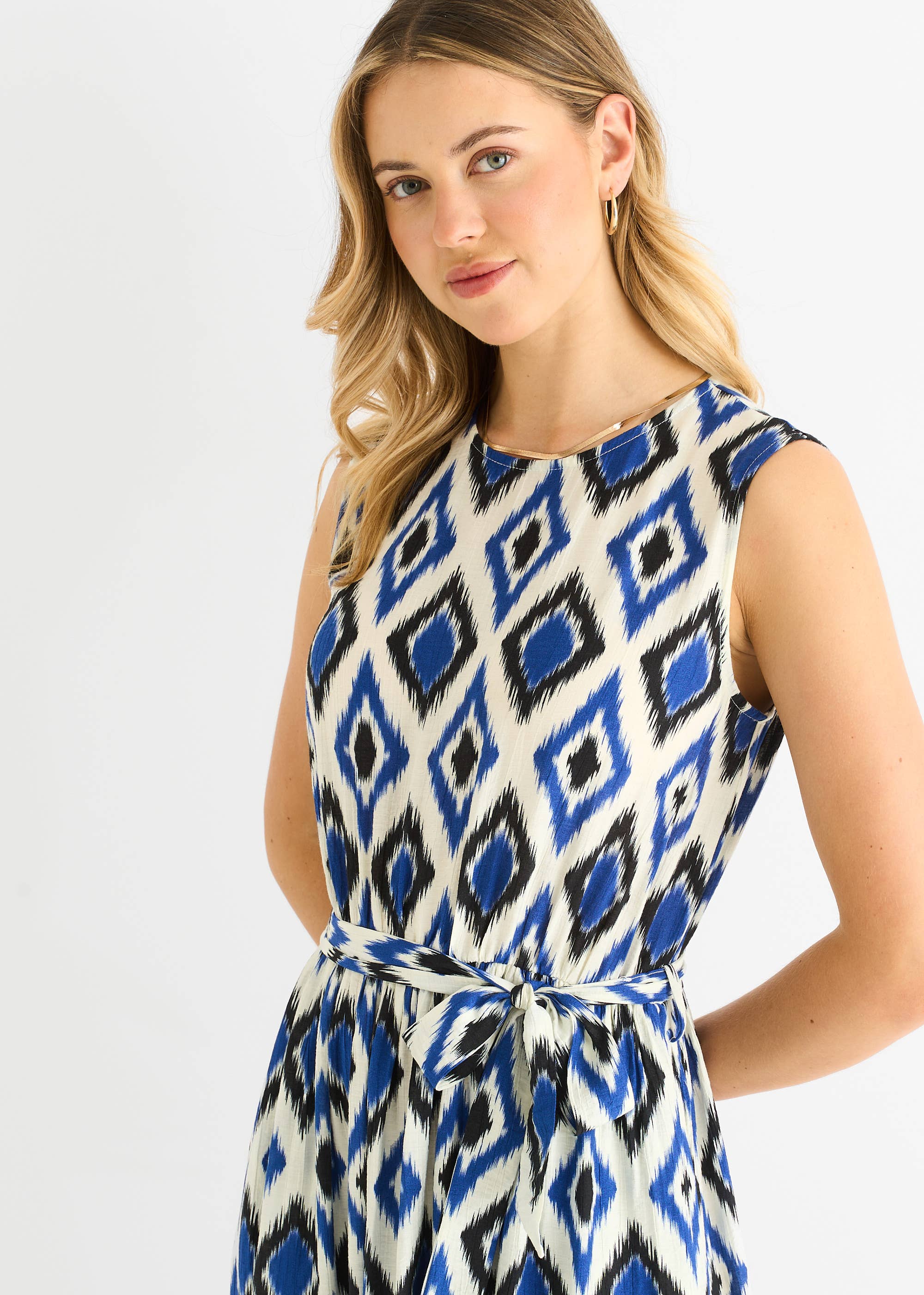 Blue Geo Print Elasticated Waist Maxi Dress