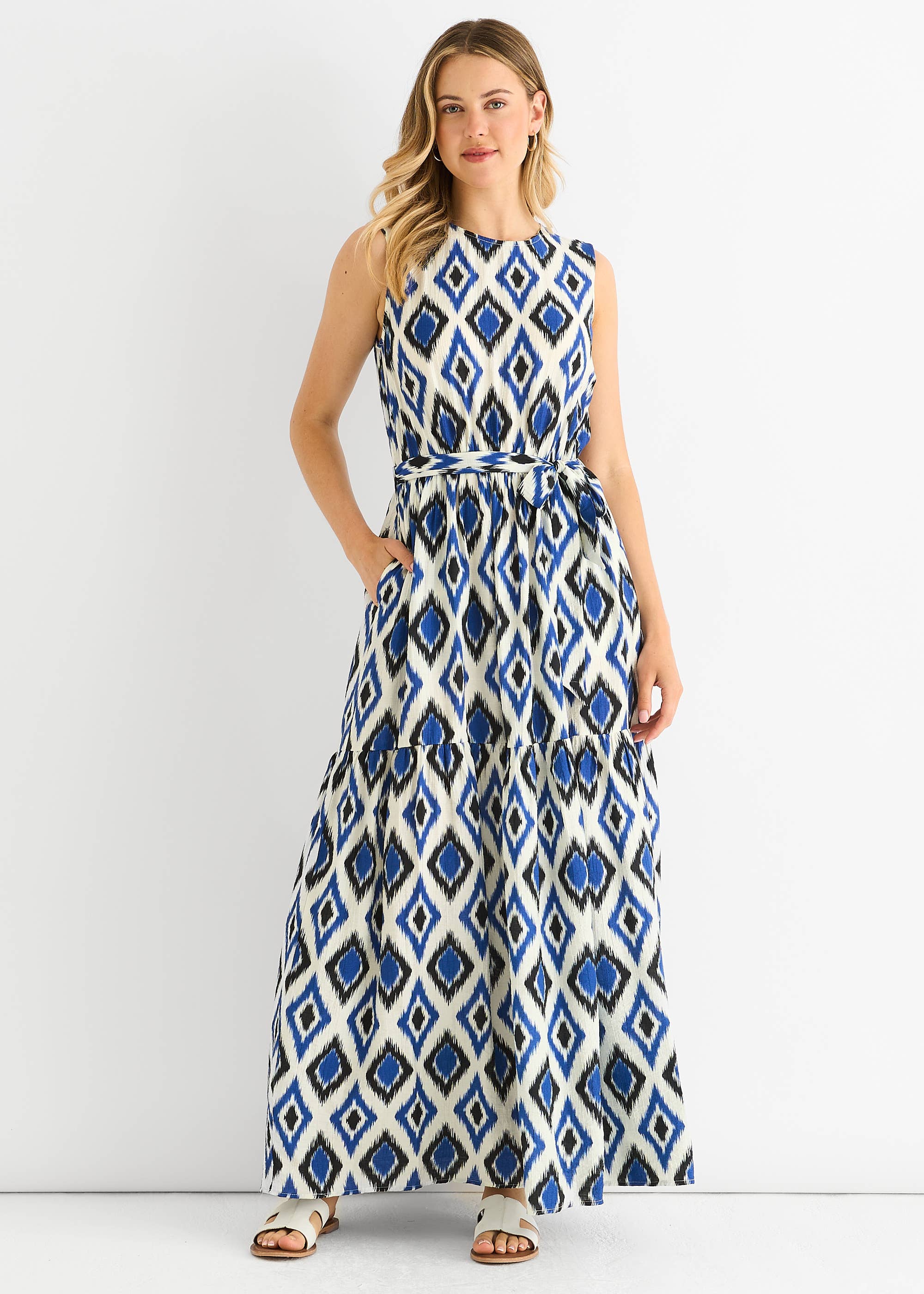 Blue Geo Print Elasticated Waist Maxi Dress