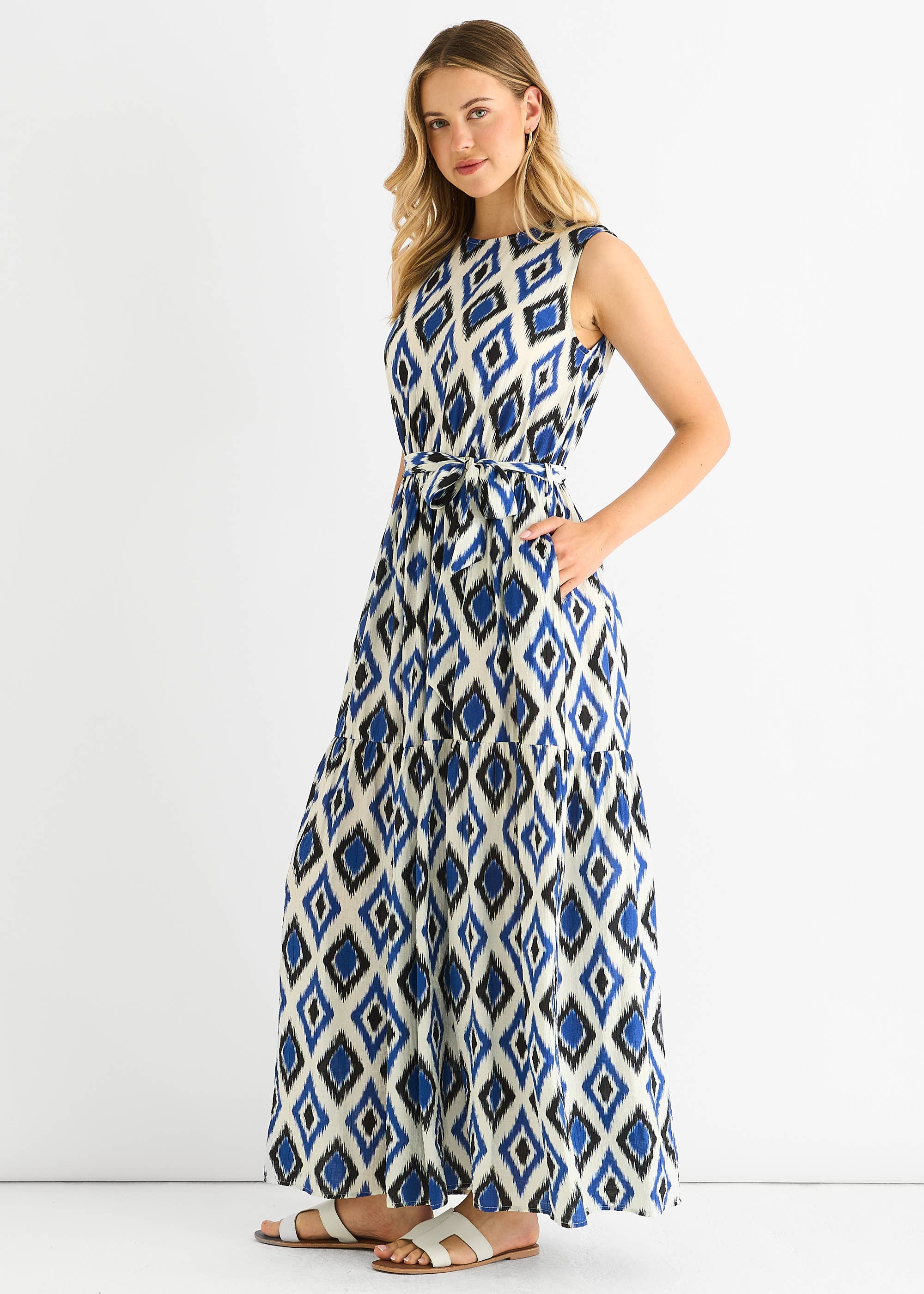 Blue Geo Print Elasticated Waist Maxi Dress