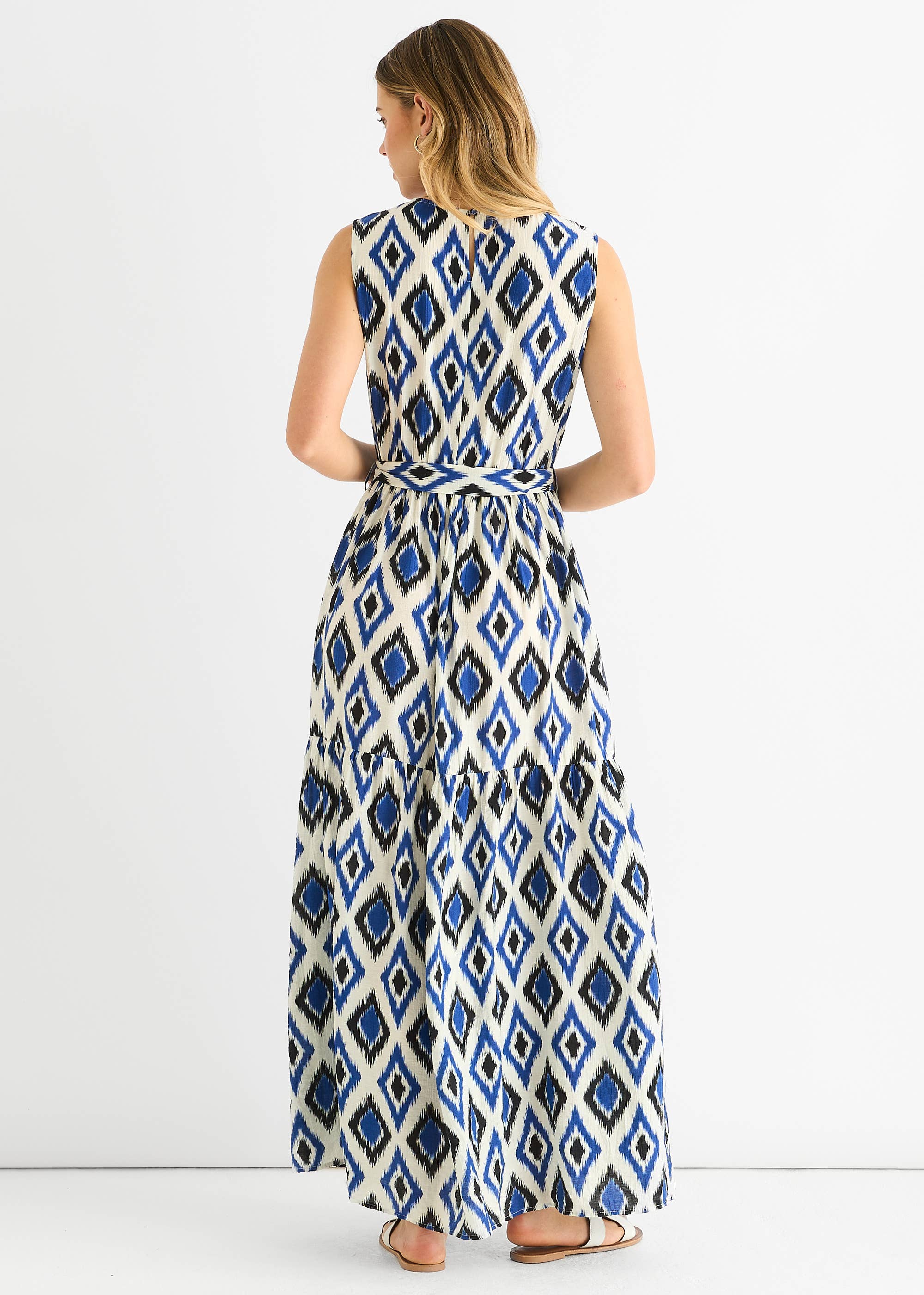 Blue Geo Print Elasticated Waist Maxi Dress