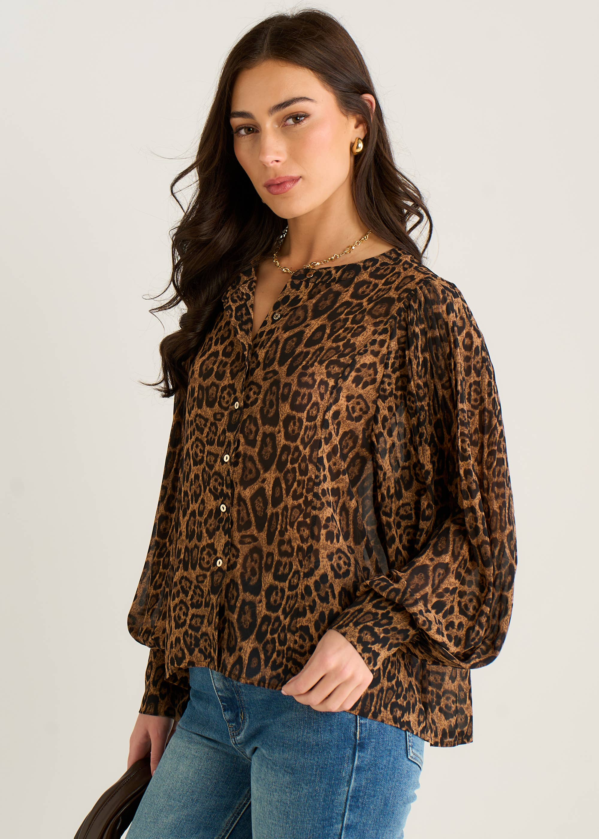 Brown Chiffon Animal Print Pleated Shift Shirt Blouse