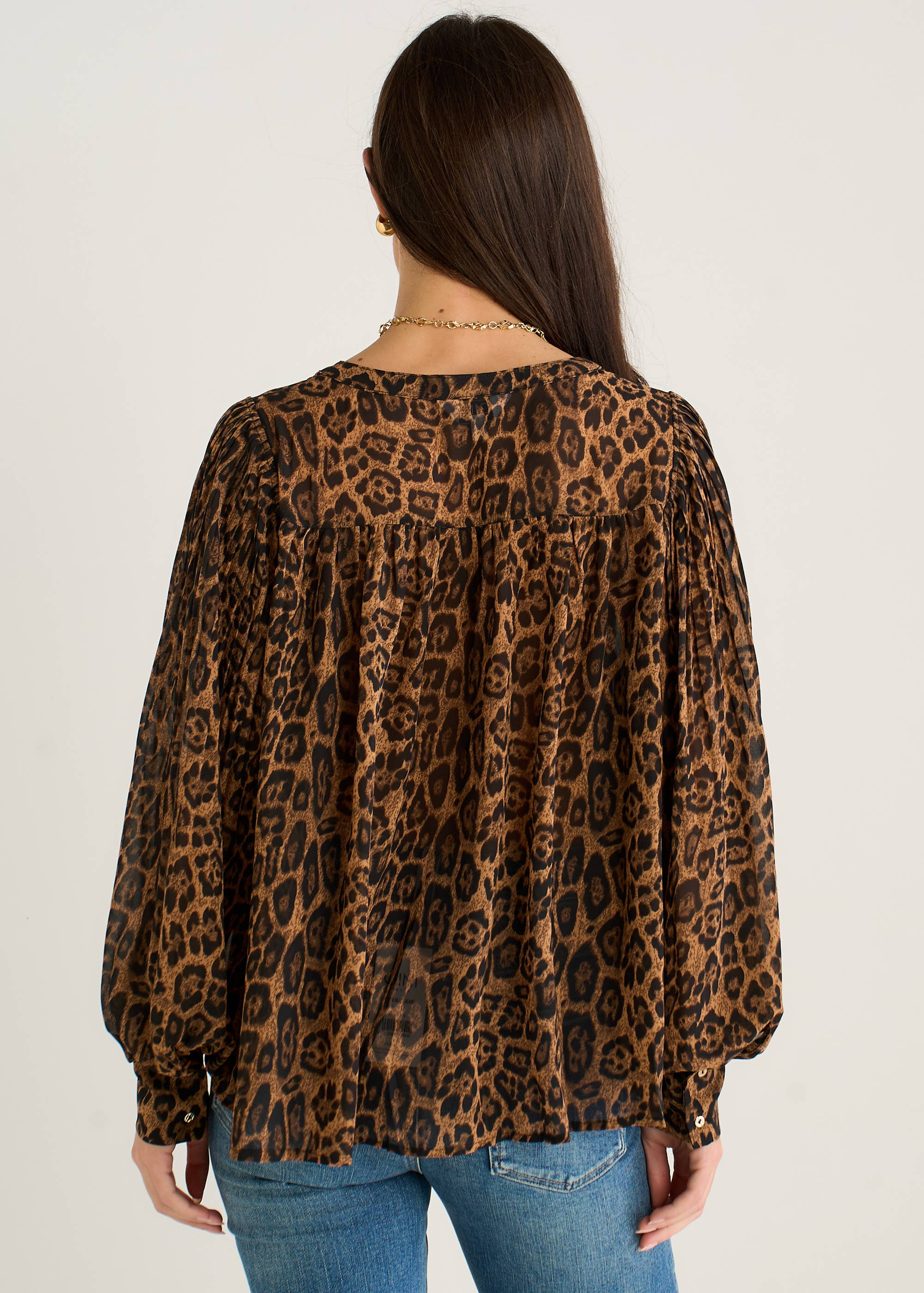 Brown Chiffon Animal Print Pleated Shift Shirt Blouse