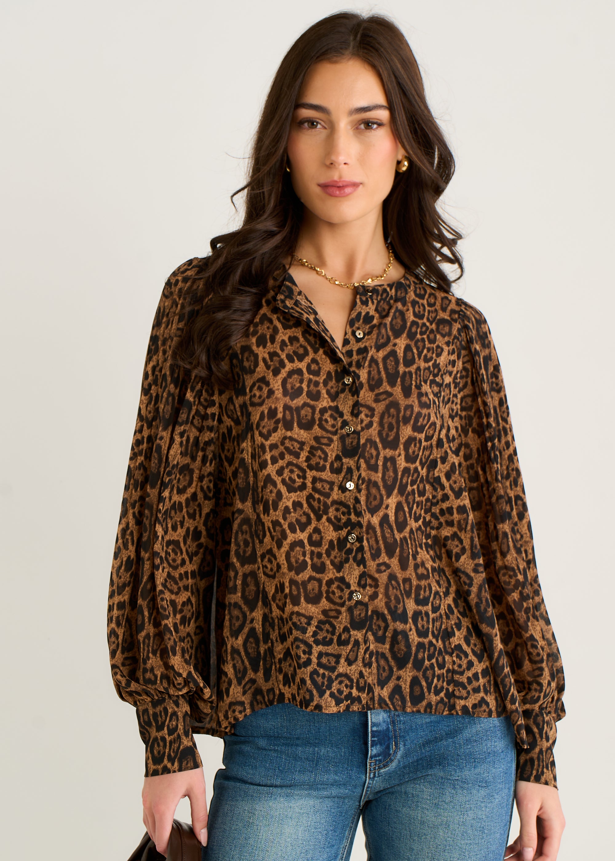 Chiffon Animal Print Pleated Shift Shirt Blouse
