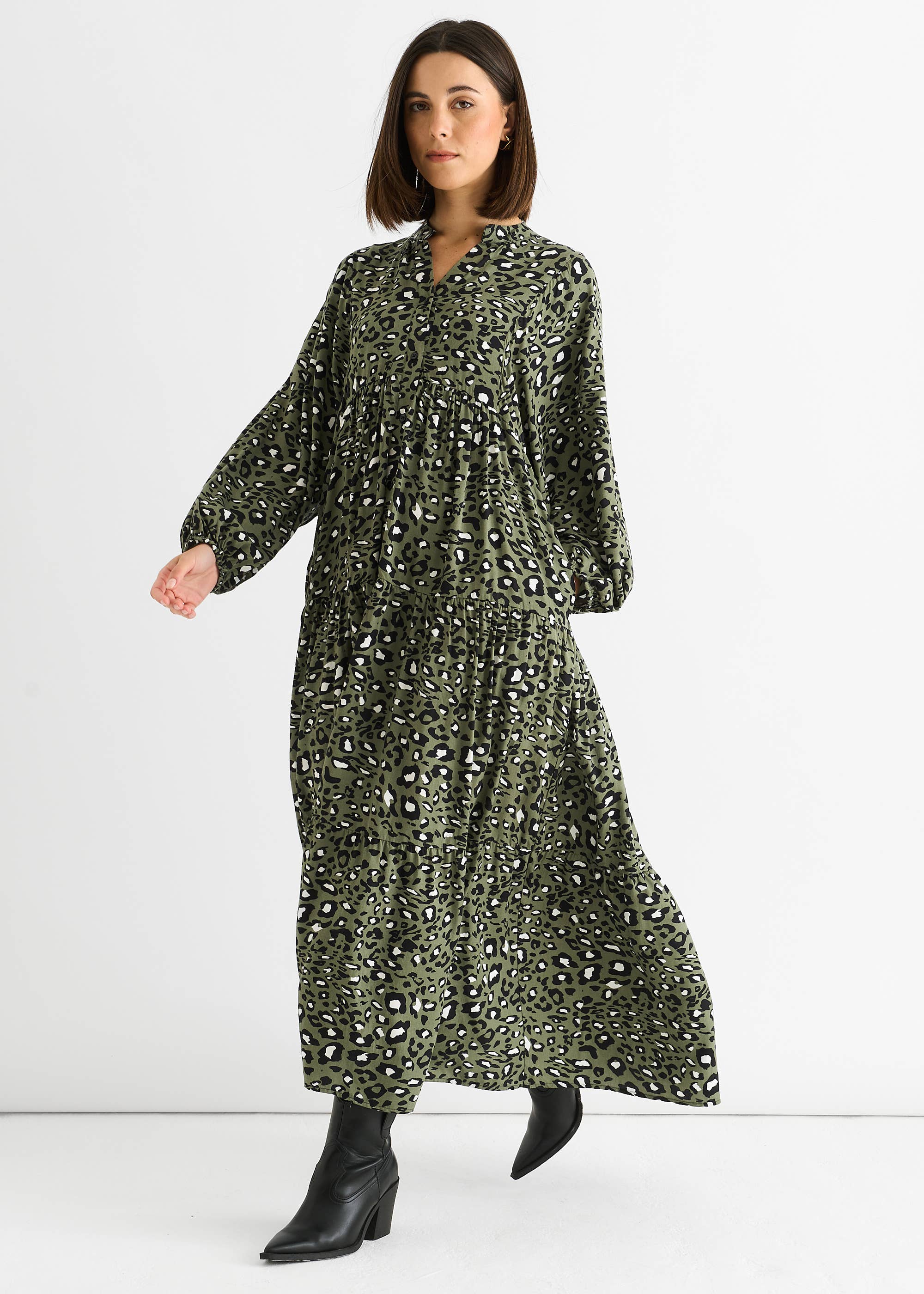 Khaki Viscose Animal Oversized Smock Maxi Dress